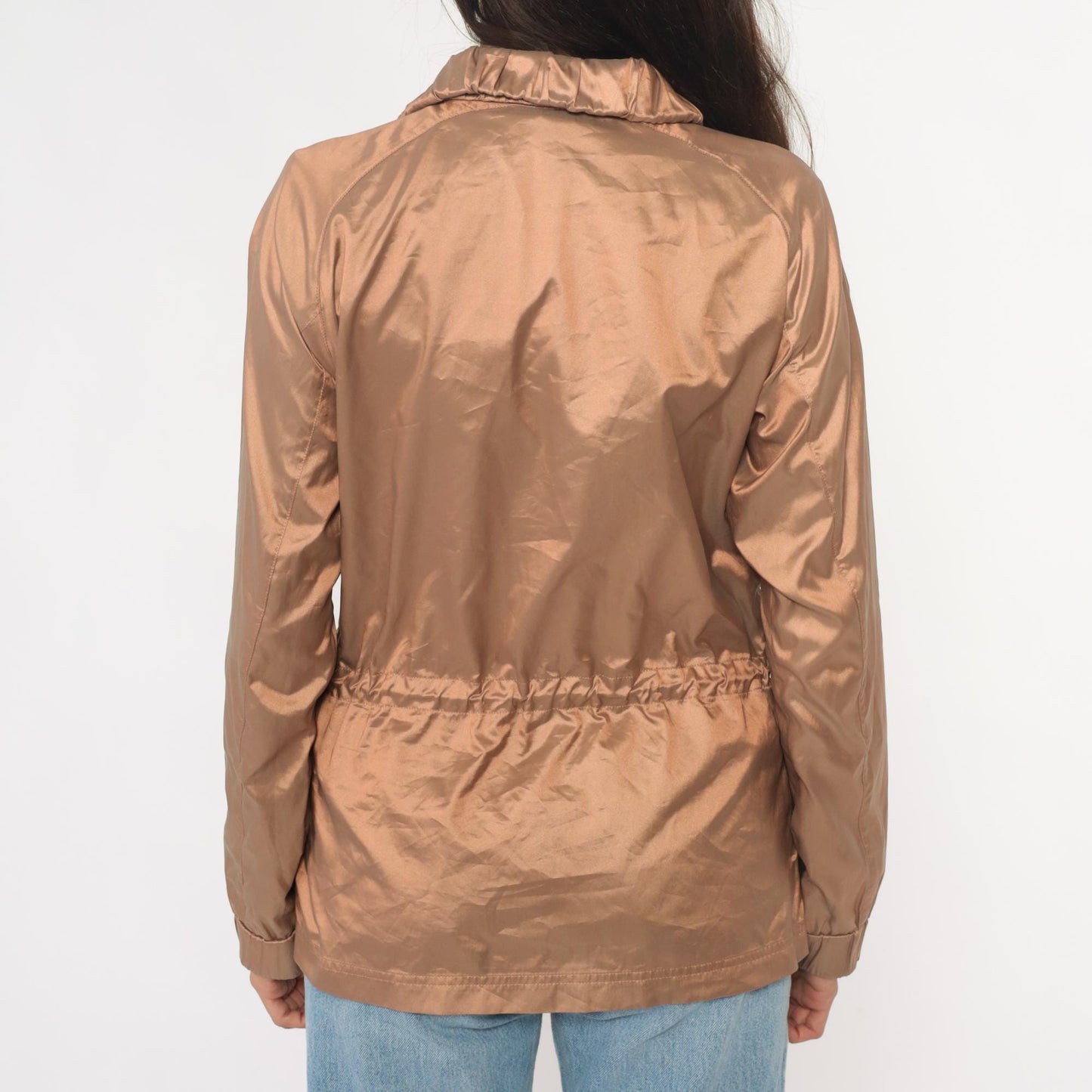 Y2K Tan Utility Jacket Snap Collar Cargo Pockets Zip Windbreaker Medium M