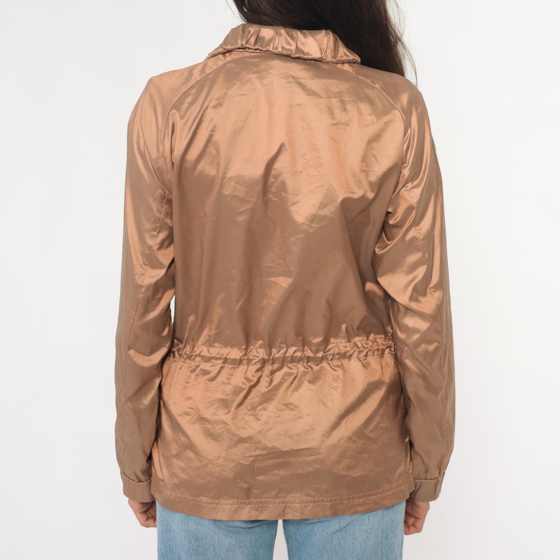 Y2K Tan Utility Jacket Snap Collar Cargo Pockets Zip Windbreaker Medium M