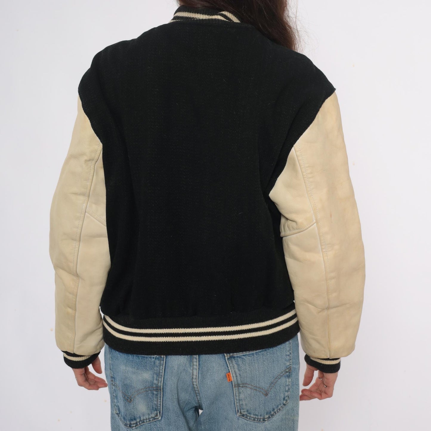 80s Golden Threads Varsity Jacket Wool Leather Black Cream Lumberjack Patches Large