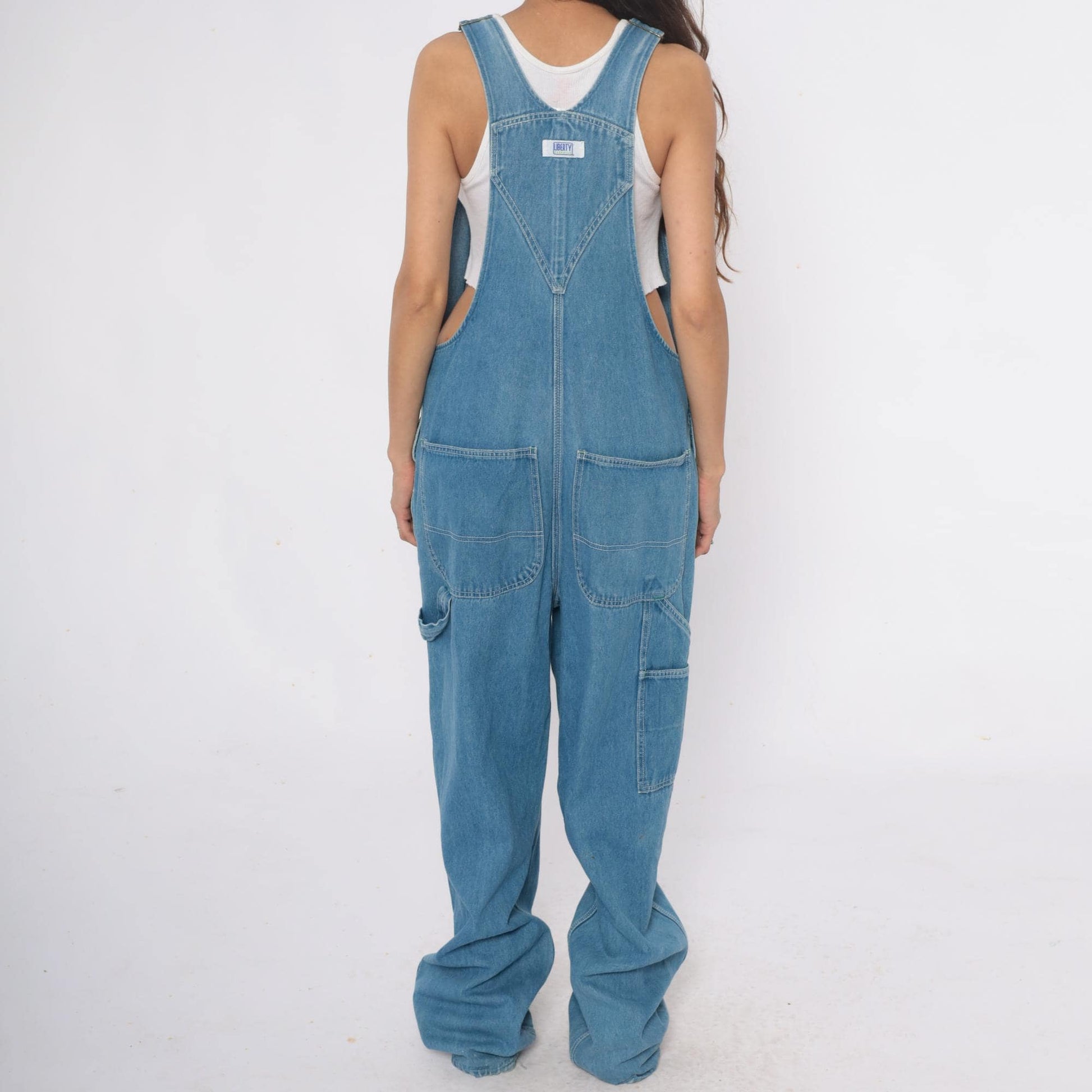 Y2K Liberty Light Blue Denim Overalls Green Stitching Carpenter Large L