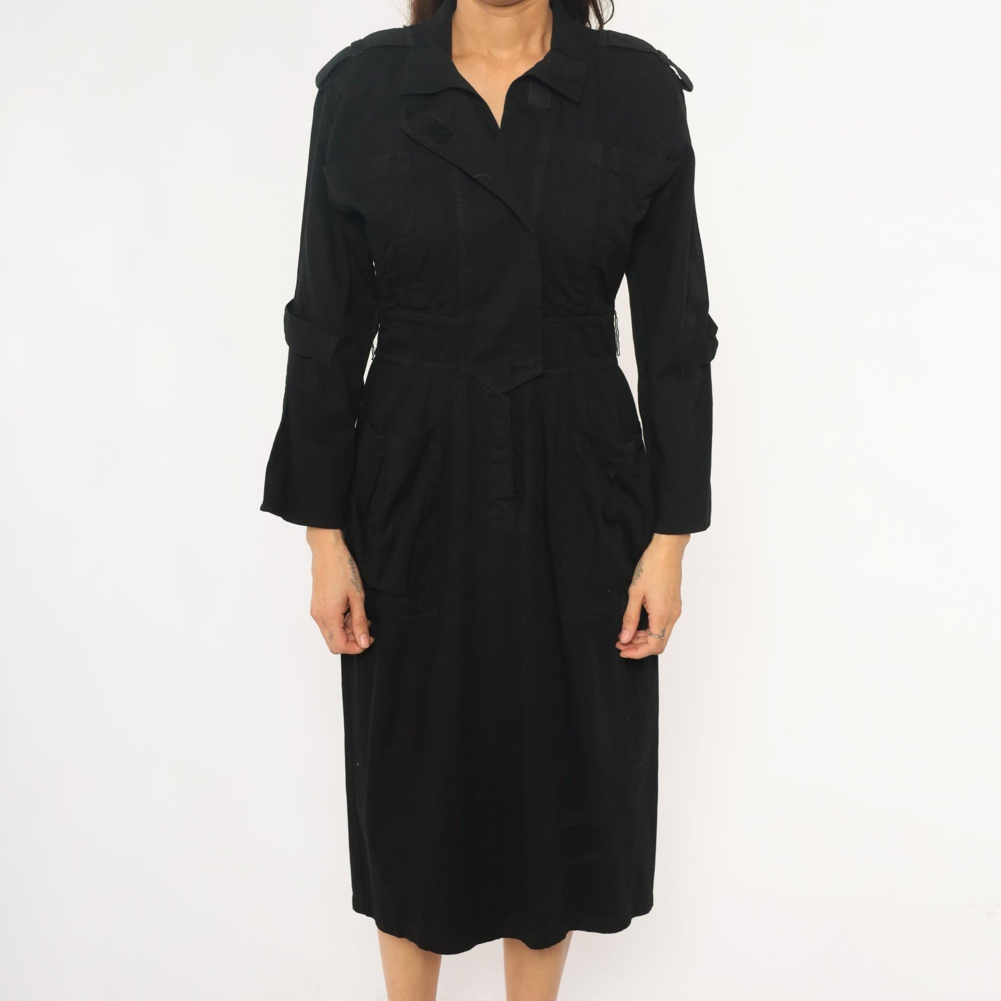 90s D Franke Black Trench Coat Dress Belted Midi Notched Collar Medium