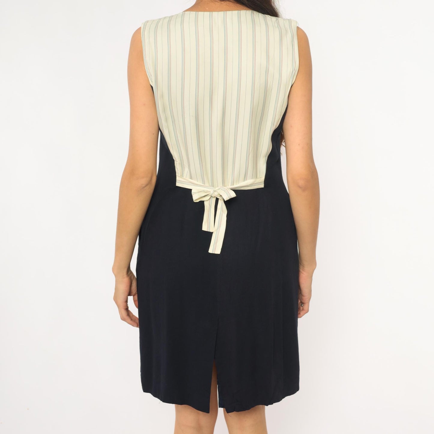 90s Liz Claiborne Navy Nautical Sleeveless Dress Gold Buttons Striped Back Medium
