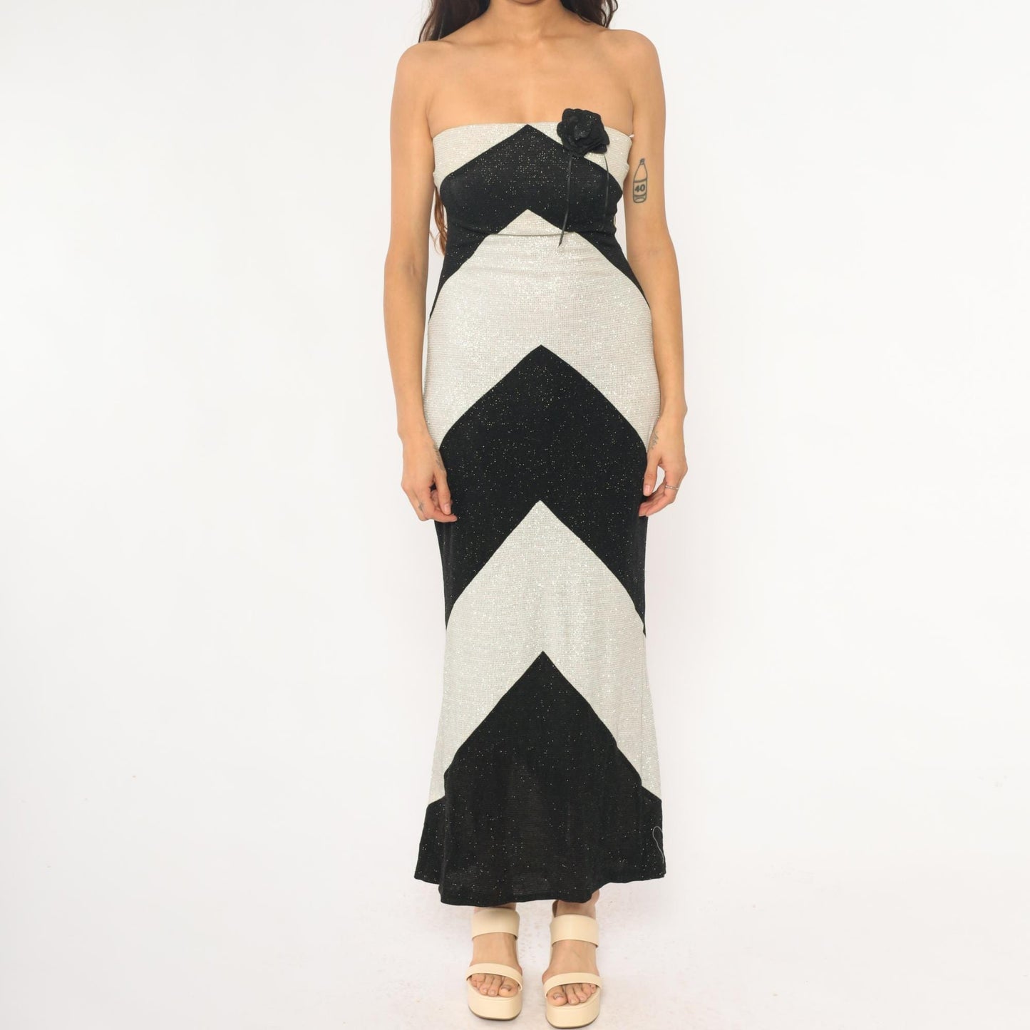 Y2K Pontic Prince Chevron Maxi Dress Black Cream Metallic Strapless Small