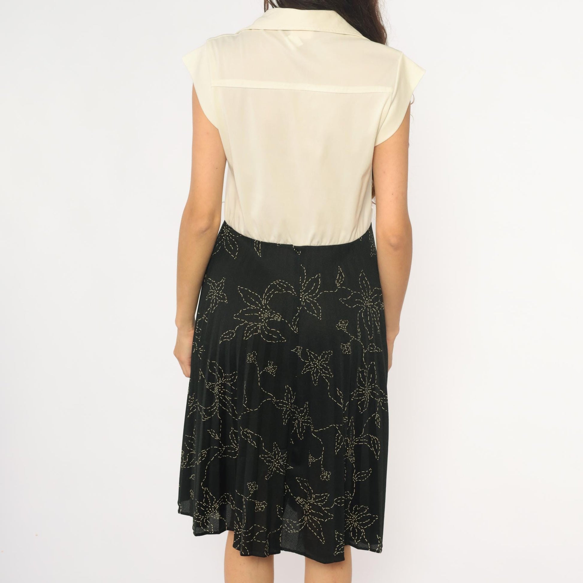 80s Polo Collar Dress Cream Black Floral Colorblock Medium