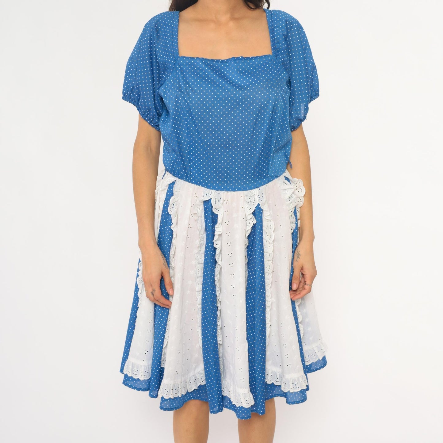 80s Blue Polka Dot Square Dance Dress Puff Sleeve Eyelet Lace Mini Large