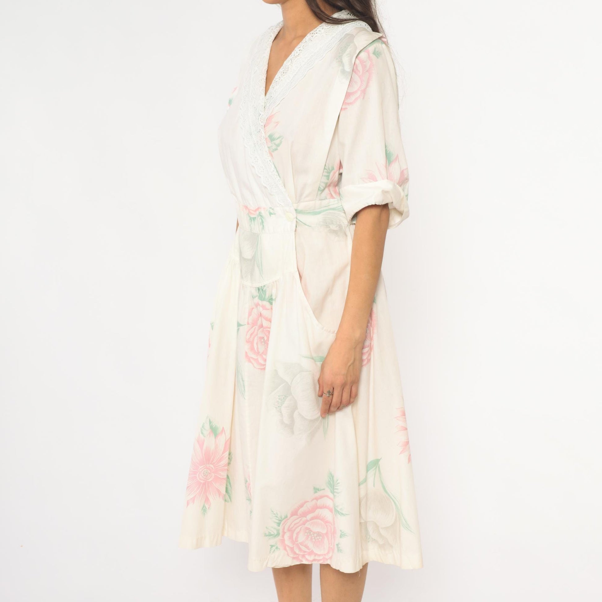 80s Floral Midi Dress Cream Pink Rose Print Cotton Eyelet Lace Medium