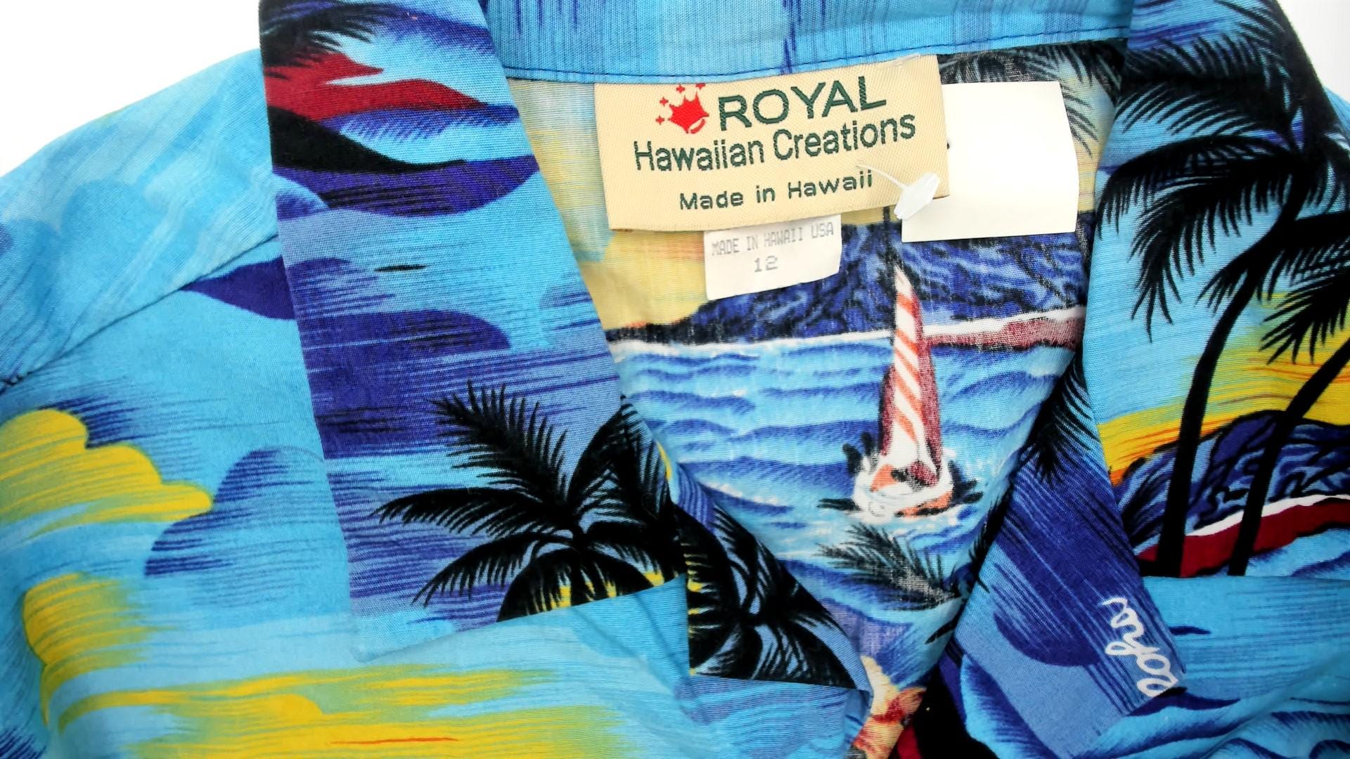 90s Royal Hawaiian Creations Tropical Shirt Turquoise Palm Tree Cotton Small S