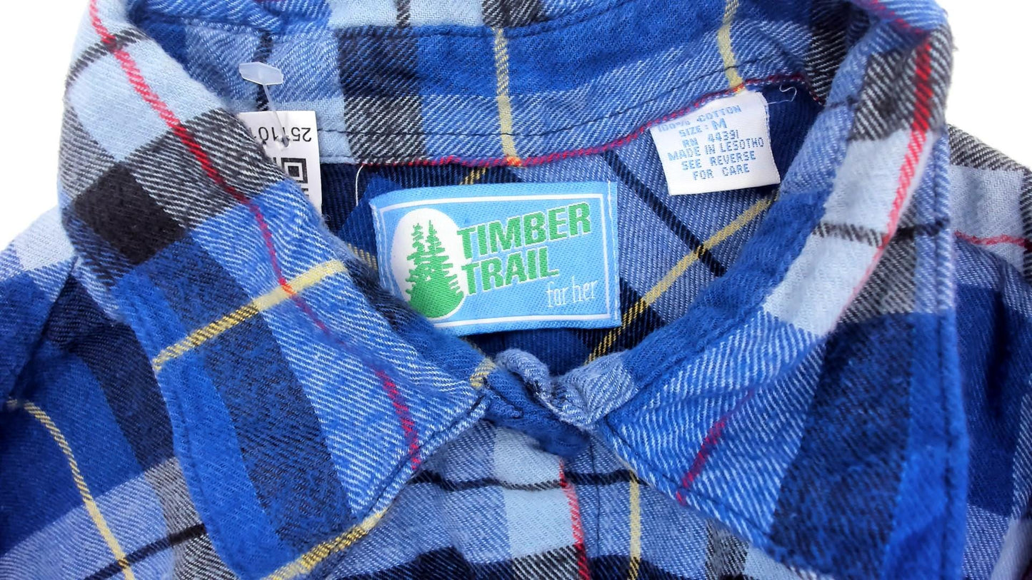90s Timber Trail Plaid Flannel Shirt Blue Button Front Cotton Medium M