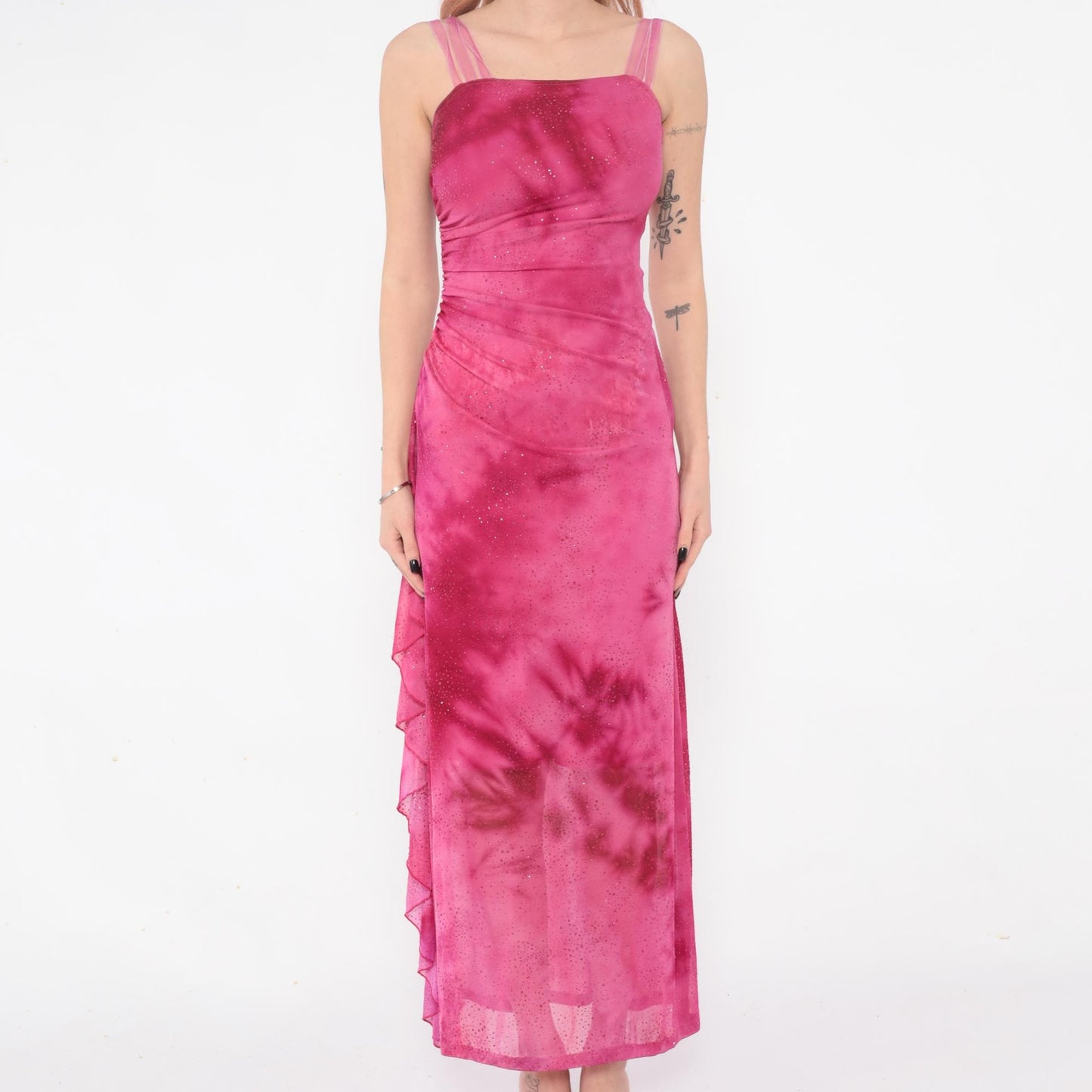 Y2K Hot Pink Sparkle Maxi Dress Ruched Spaghetti Strap Extra Small