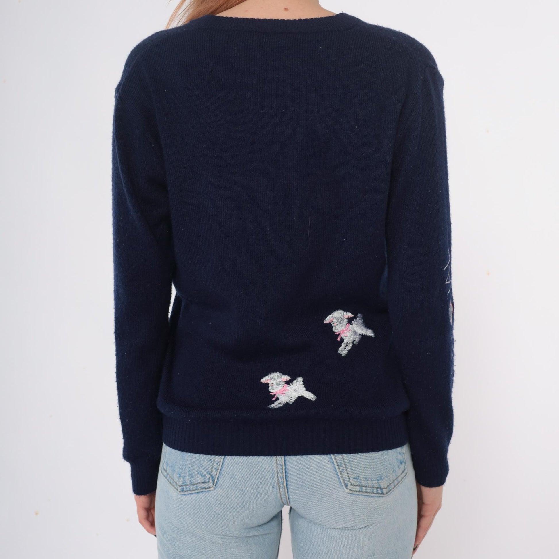 70s Shirlee Designs Navy Lamb Sweater Embroidered Pink Bows Large L