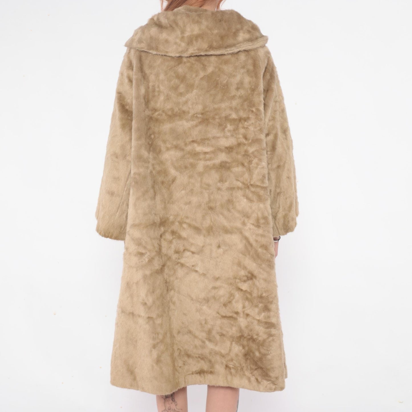 60s Sutton Place Faux Fur Coat Beige Shawl Collar A-Line Large L