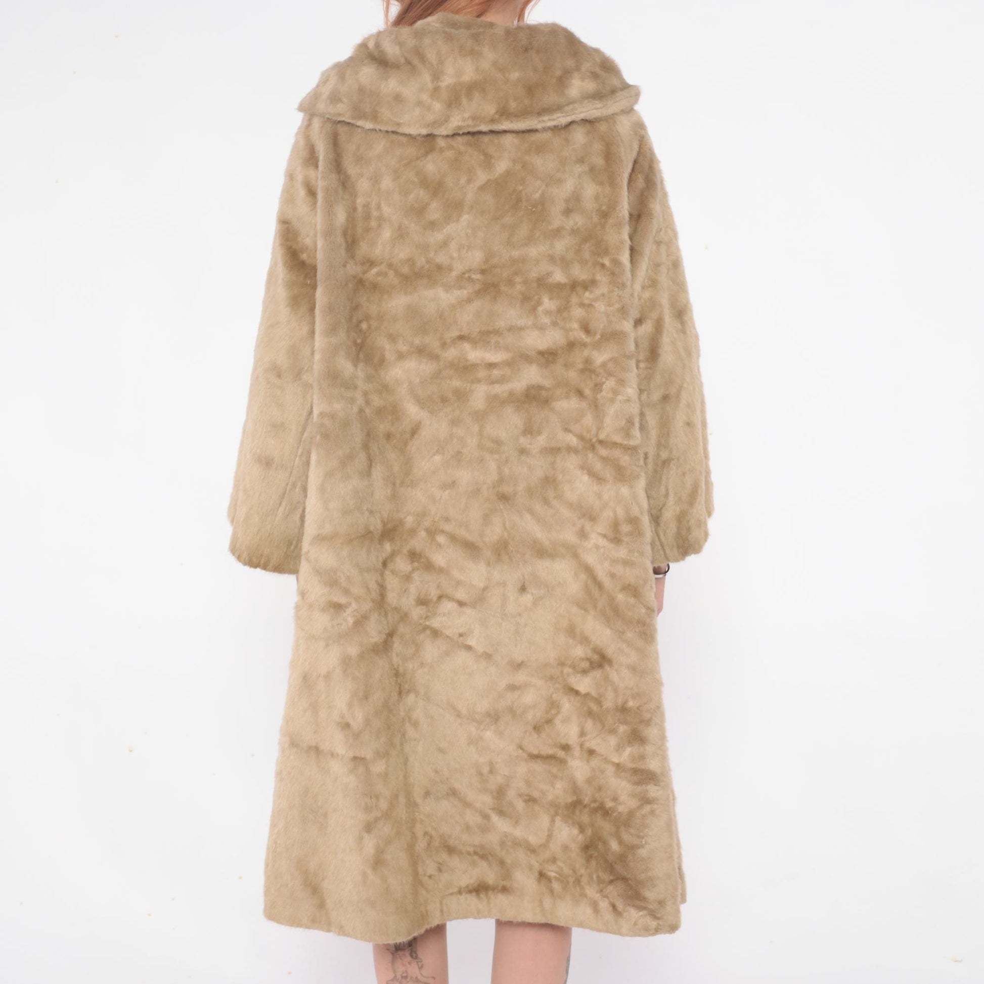 60s Sutton Place Faux Fur Coat Beige Shawl Collar A-Line Large L