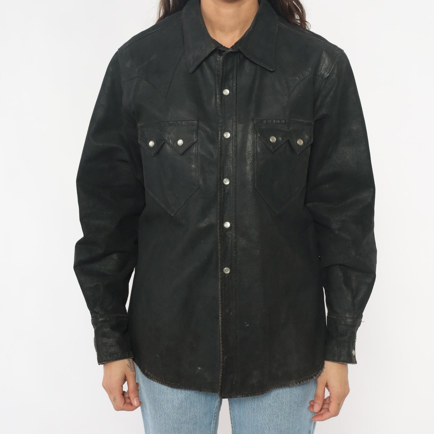 90s Neyries Black Leather Western Shirt Pearl Snap Pointed Yoke Large L