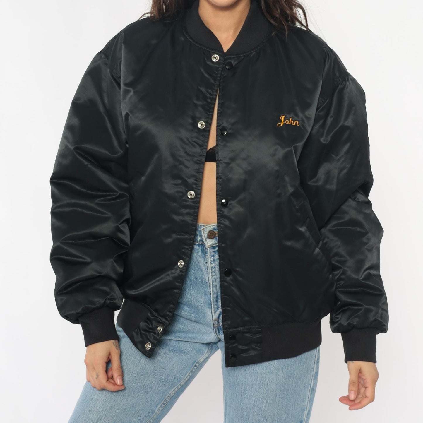 90s Black Satin Bomber Jacket Embroidered Champion Hunt Club Deer Large