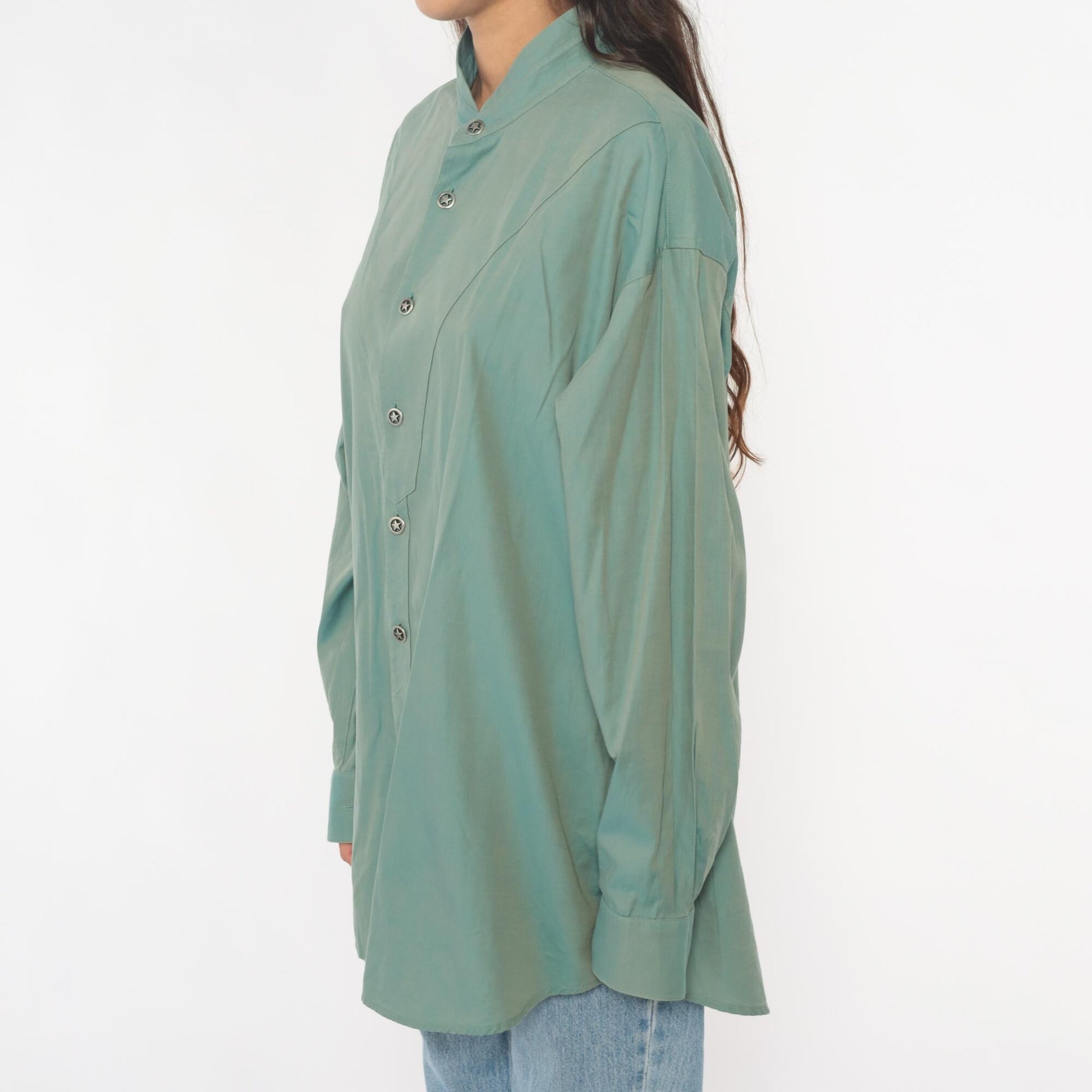 90s Stubbs Sage Green Western Shirt Mandarin Collar Button Front Extra Large XL