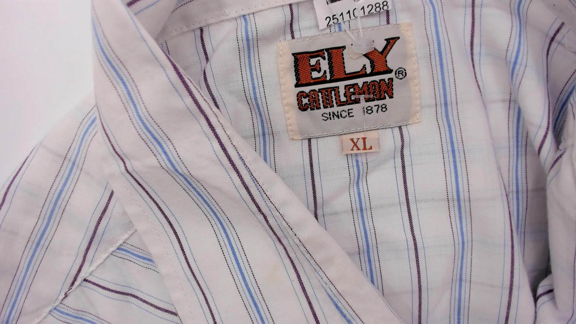 90s Ely Cattleman Western Striped Snap Shirt Cream Blue Tan Extra Large XL