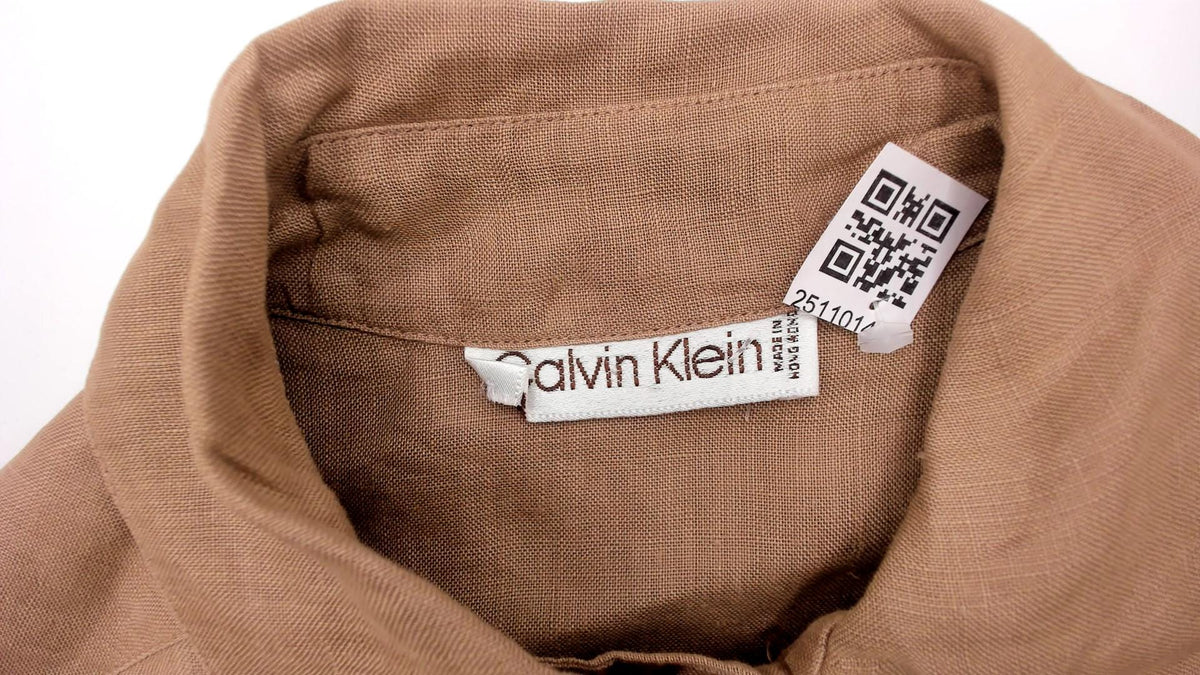 Calvin Klein 80s Tan Button-Up Shirt Pointed Collar Chest Pockets Small