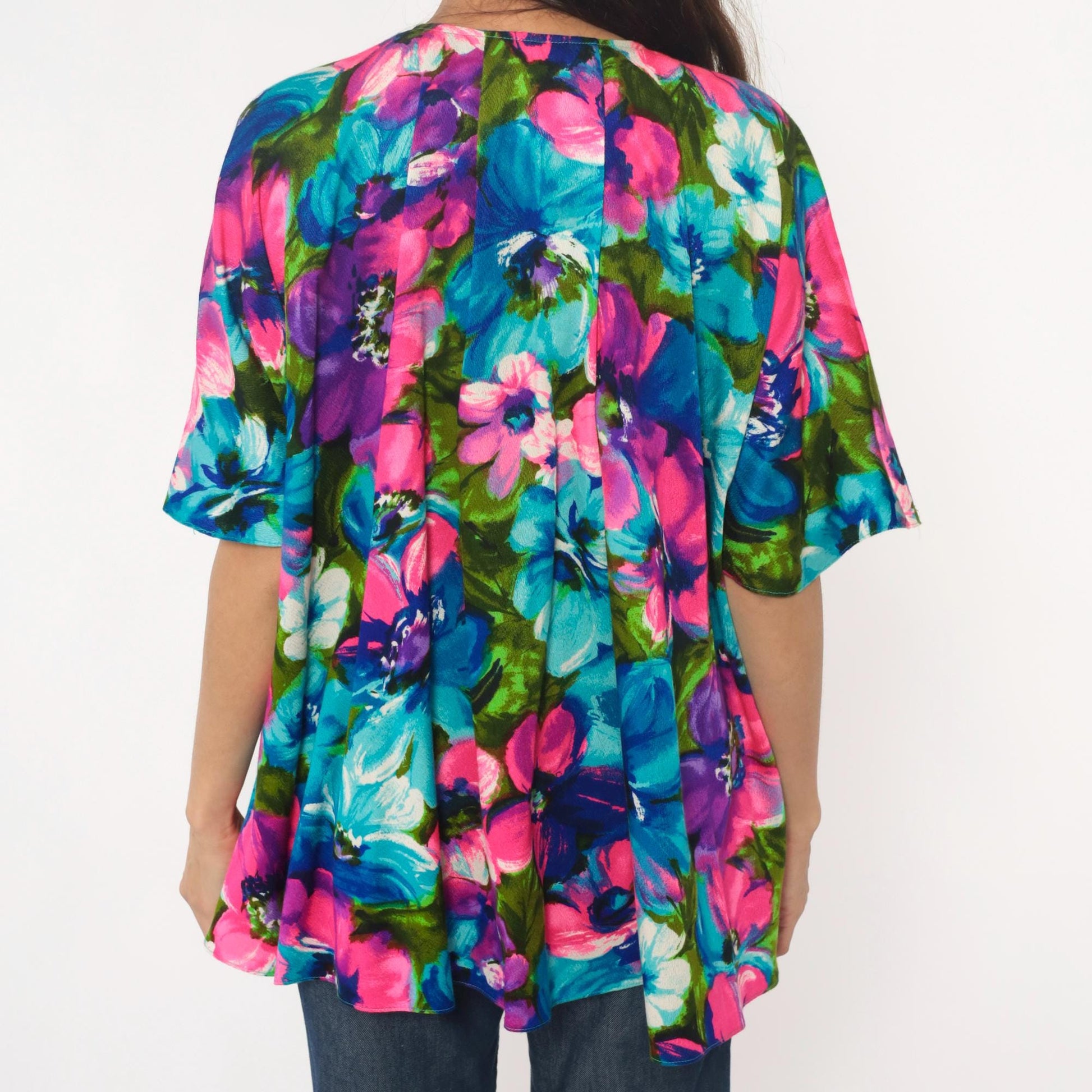 70s Haleaka Fashions Floral Button-Up Tunic Pink Purple Blue Cotton