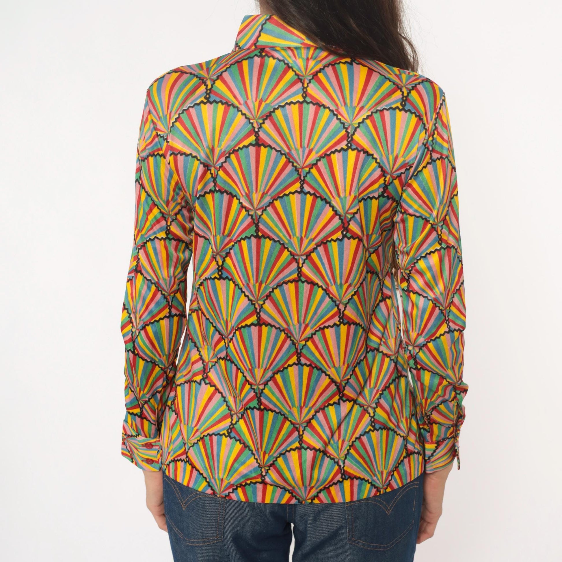 70s Helen Sue Geometric Fan Sunburst Blouse Multicolor Striped Collared Medium