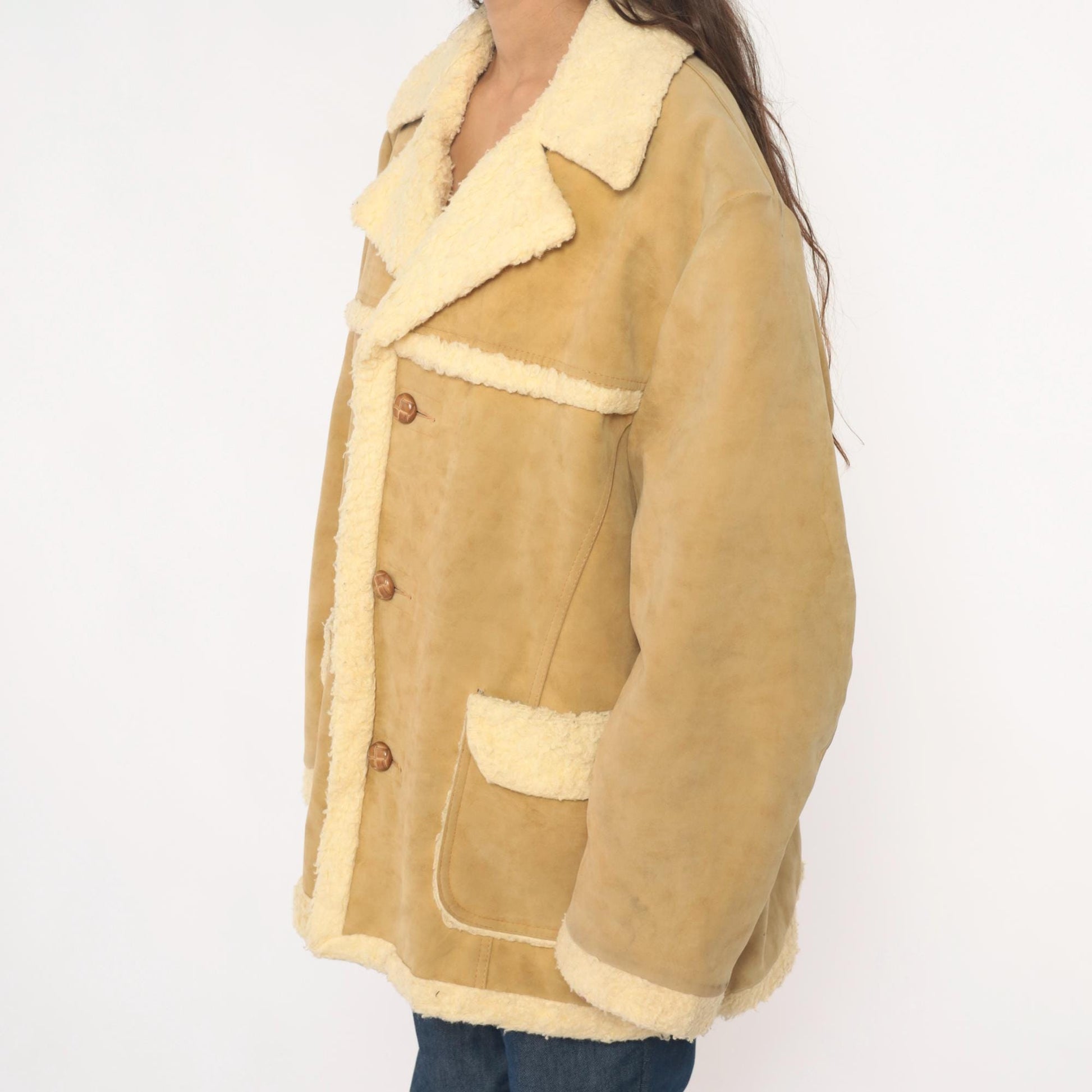 70s Wiman Tan Faux Suede Jacket Sherpa Collar Wide Notch Large