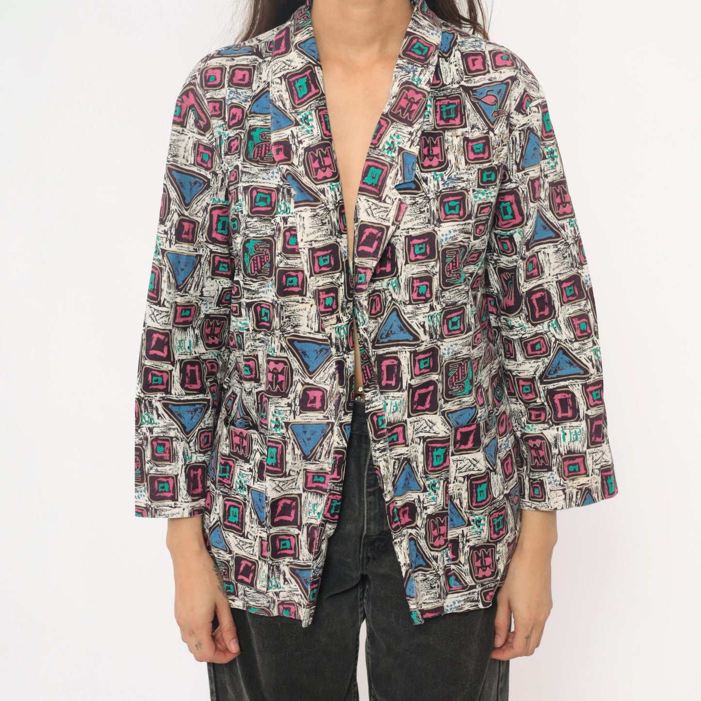 90s Mister Remo Geometric Abstract Blazer Pink Blue Cotton Small S