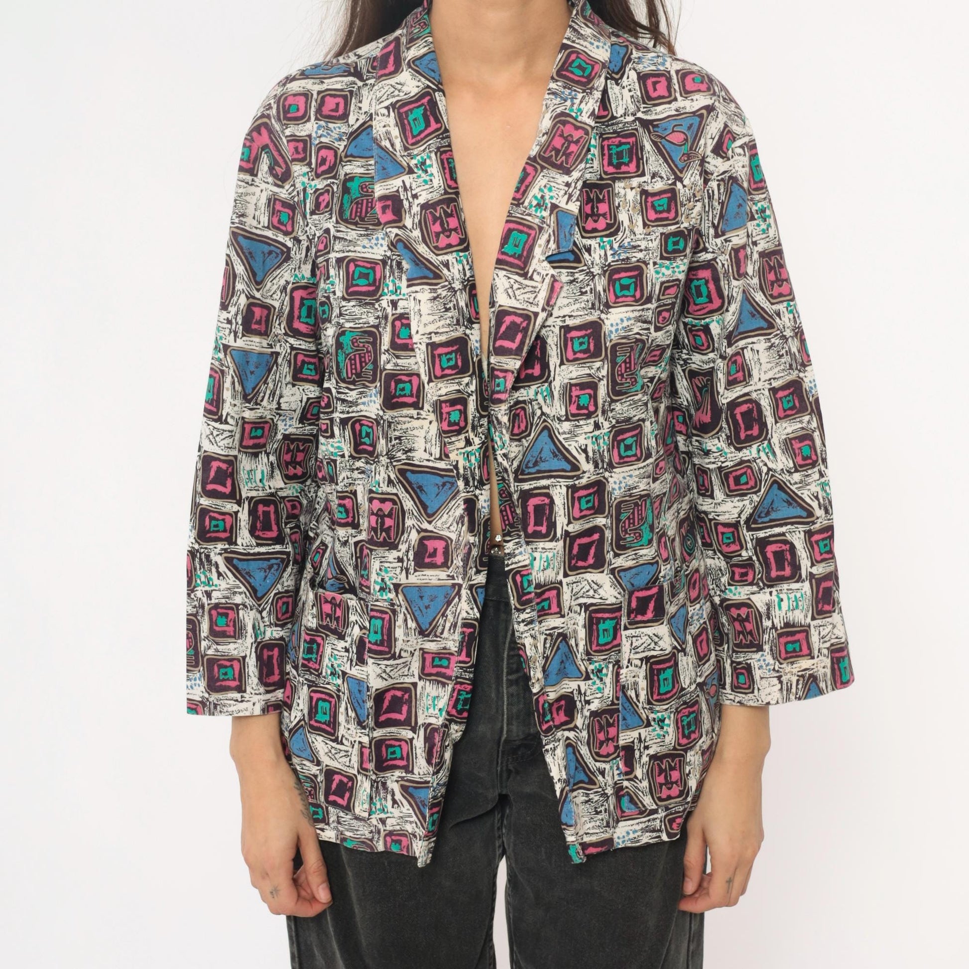 90s Mister Remo Geometric Abstract Blazer Pink Blue Cotton Small S
