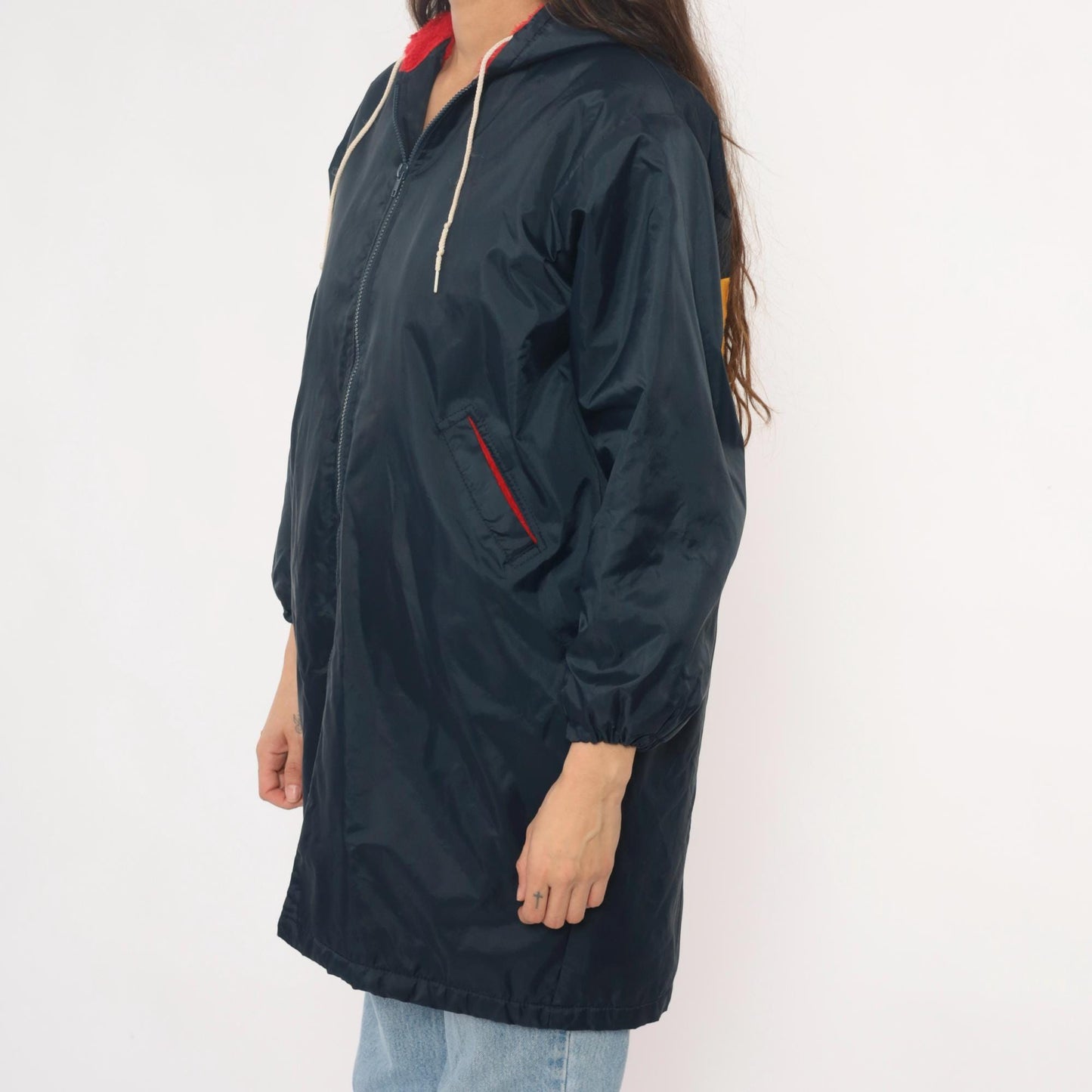 80s LEXD Swimming Team Jacket Navy Hooded Windbreaker Fur Lined Small