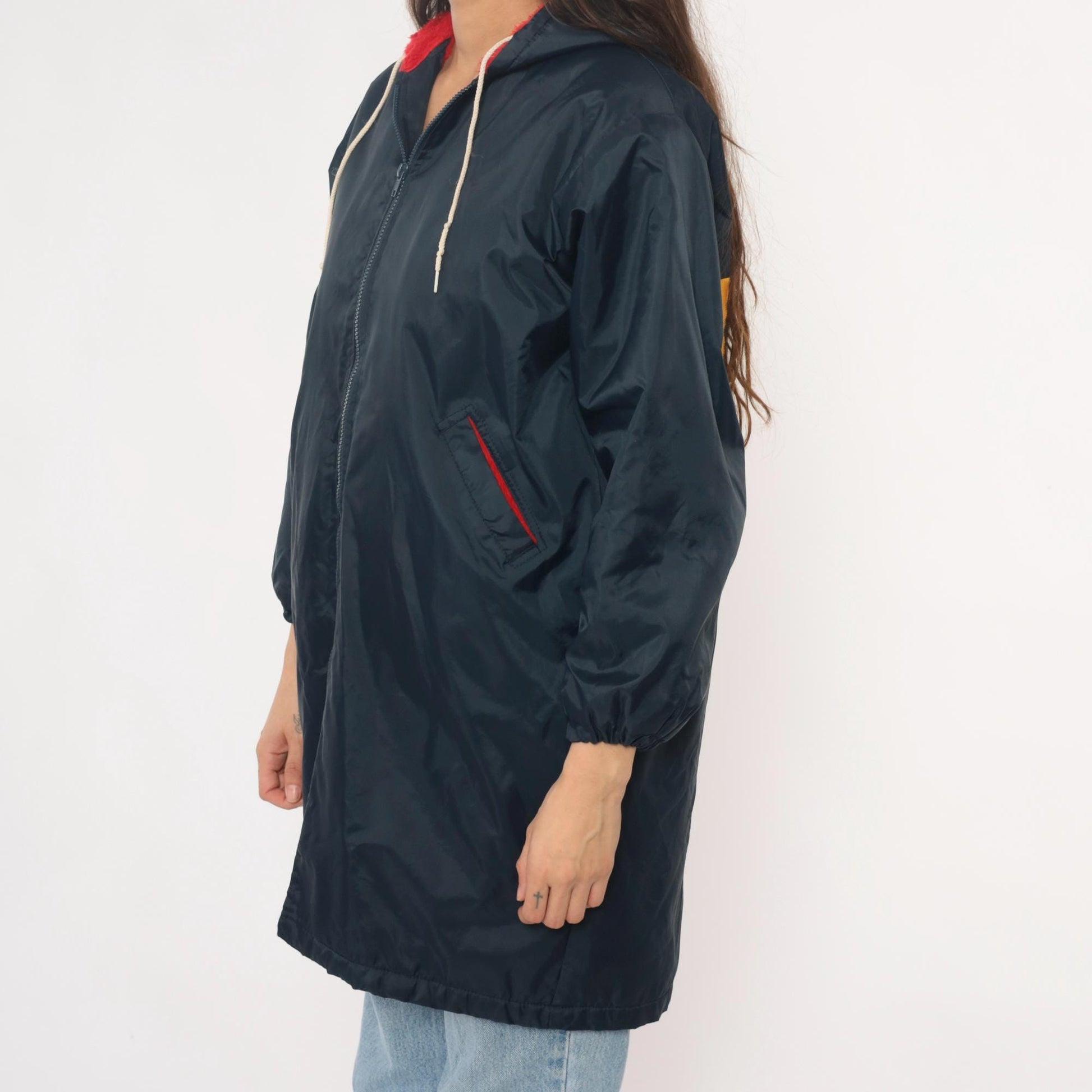 80s LEXD Swimming Team Jacket Navy Hooded Windbreaker Fur Lined Small