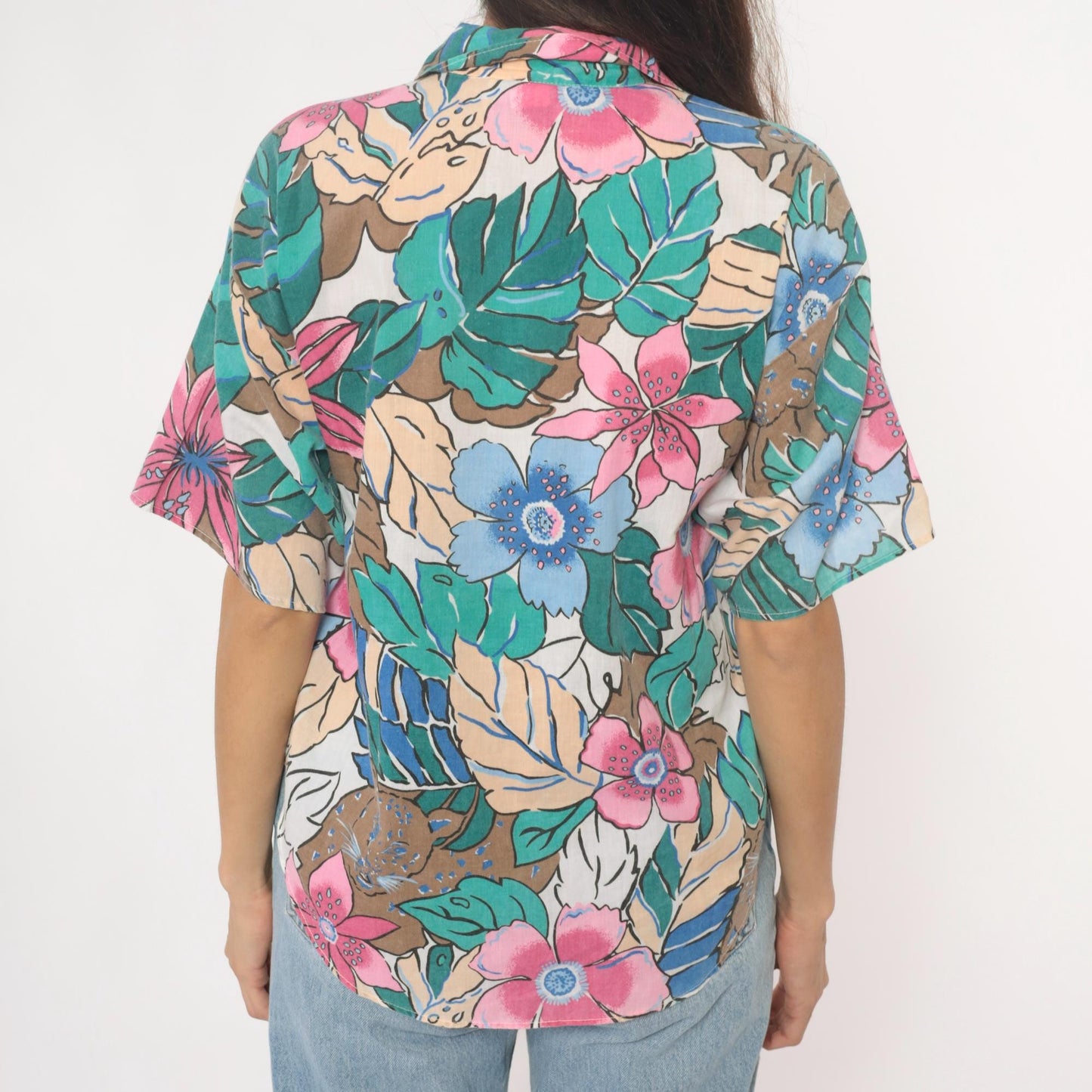 90s Caribou Tropical Floral Hawaiian Shirt Pink Blue Monstera Medium