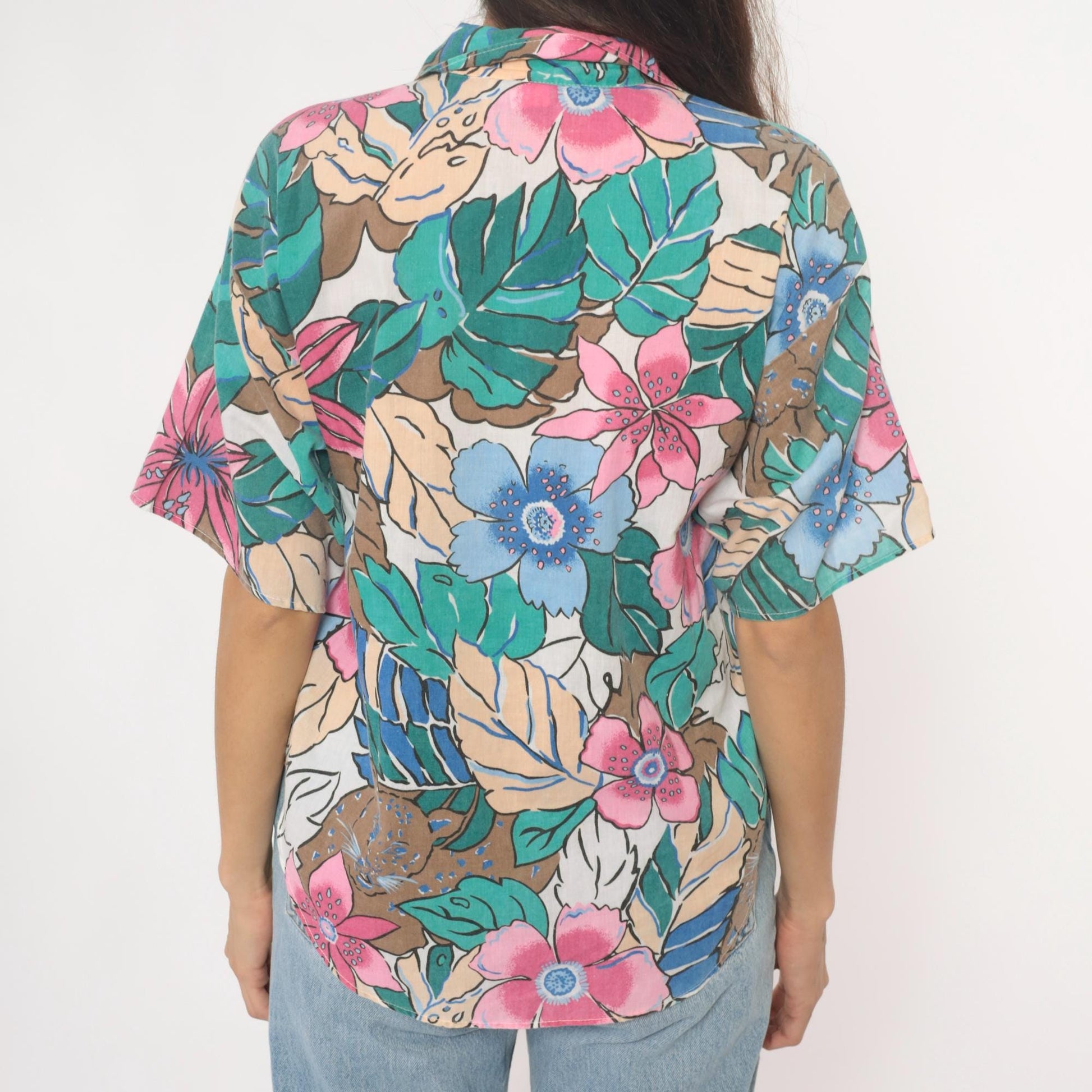 90s Caribou Tropical Floral Hawaiian Shirt Pink Blue Monstera Medium