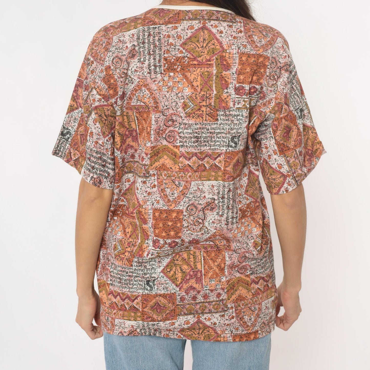 Y2K Patchwork Print Tee Rust Orange Cream Geometric Paisley Unisex Large L