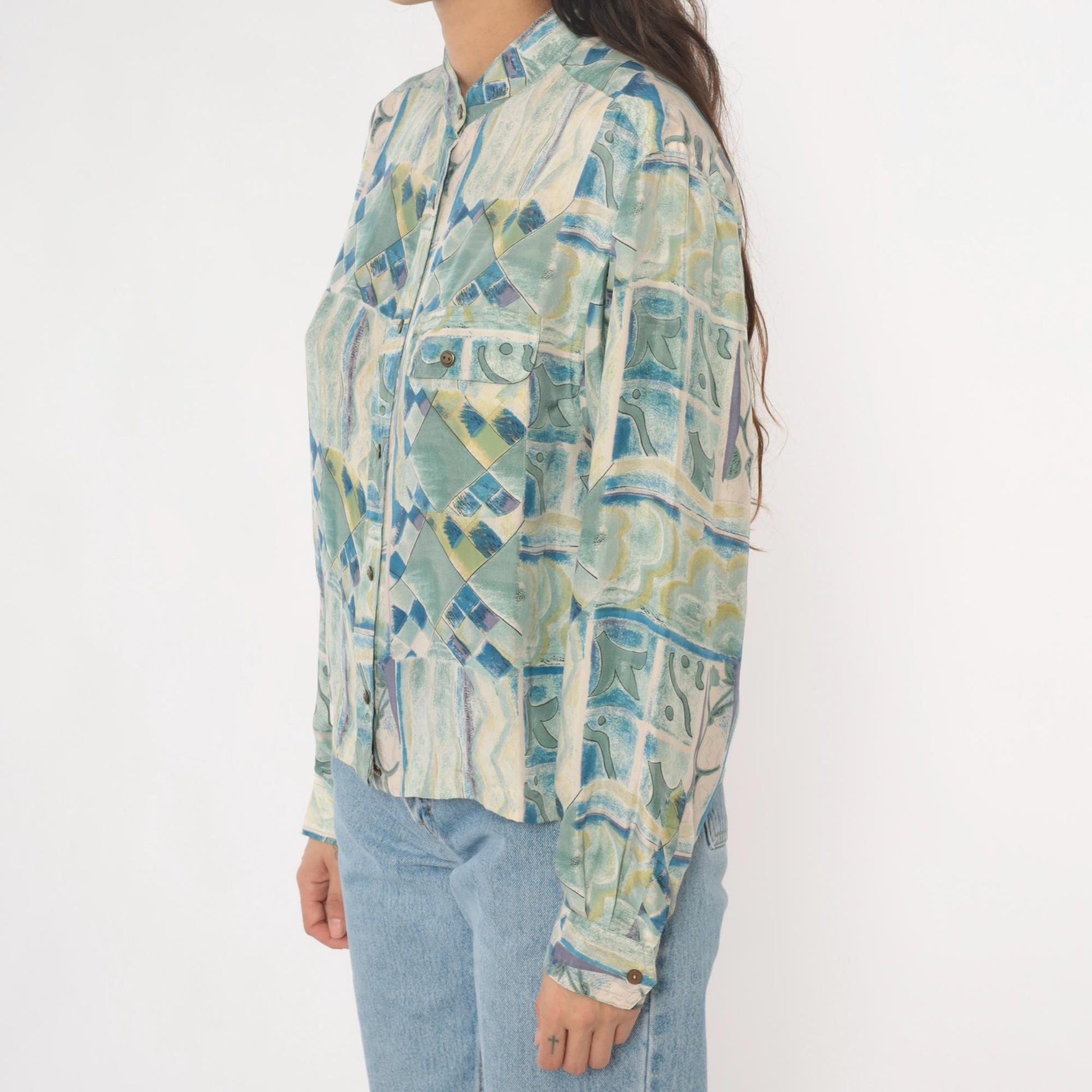 90s Silk Blouse Abstract Geometric Print Blue Green Cream Button Front Medium M