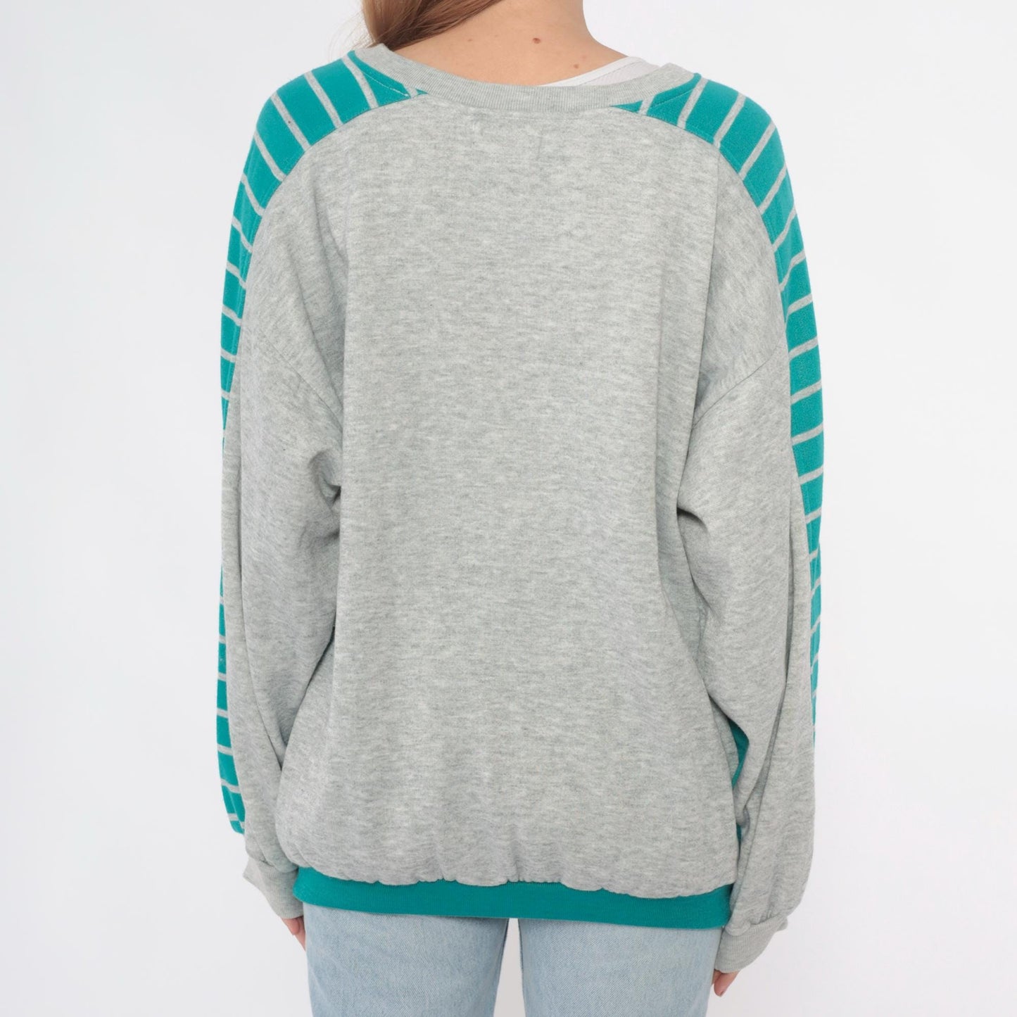 90s Teal Colorblock Sweatshirt Grey Striped Sleeve Crewneck Medium M