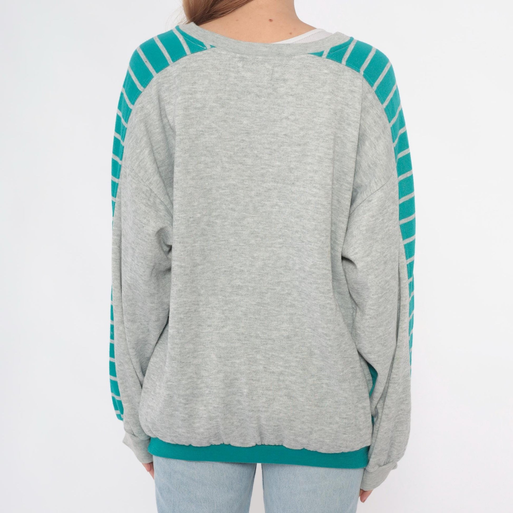 90s Teal Colorblock Sweatshirt Grey Striped Sleeve Crewneck Medium M