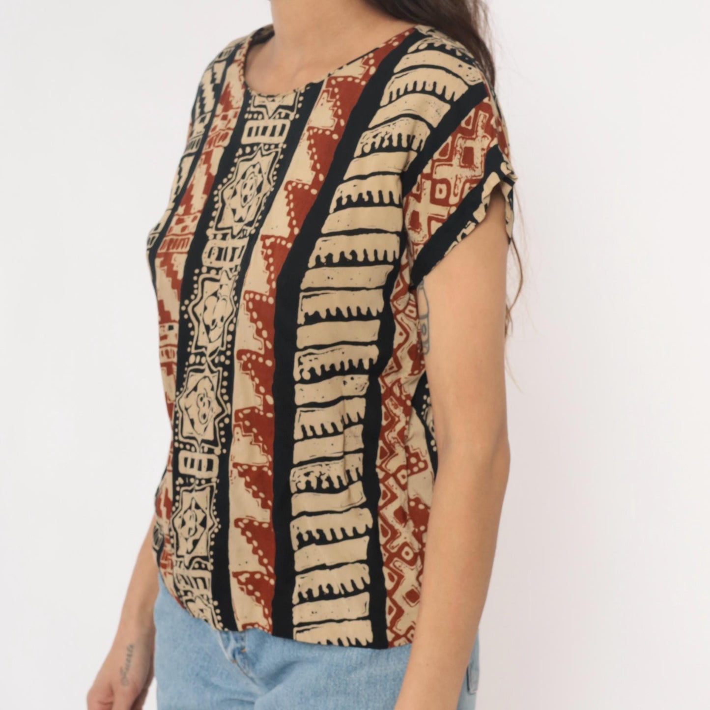 90s Lia G Petites Tribal Geometric Striped Blouse Beige Black Rust Medium