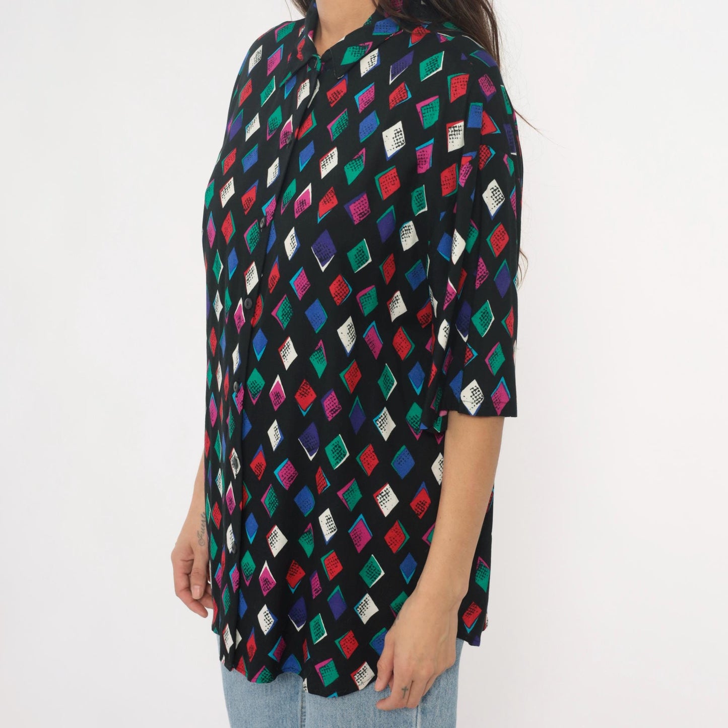 90s Black Harlequin Diamond Rayon Shirt Multicolor Button-Front Medium