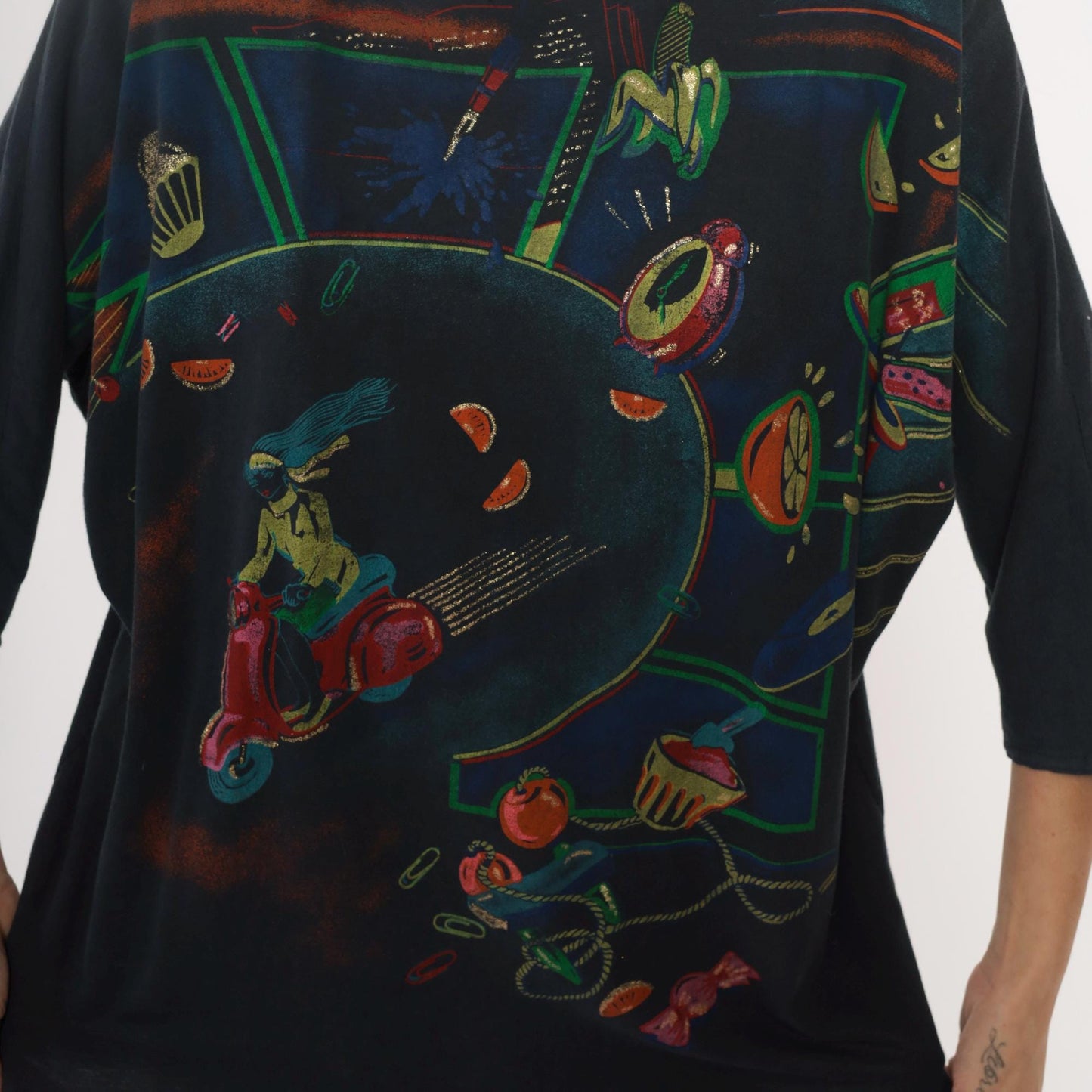 80s DT Company Vespa Scooter Graphic Tee Black Cotton Asymmetric Hem Large