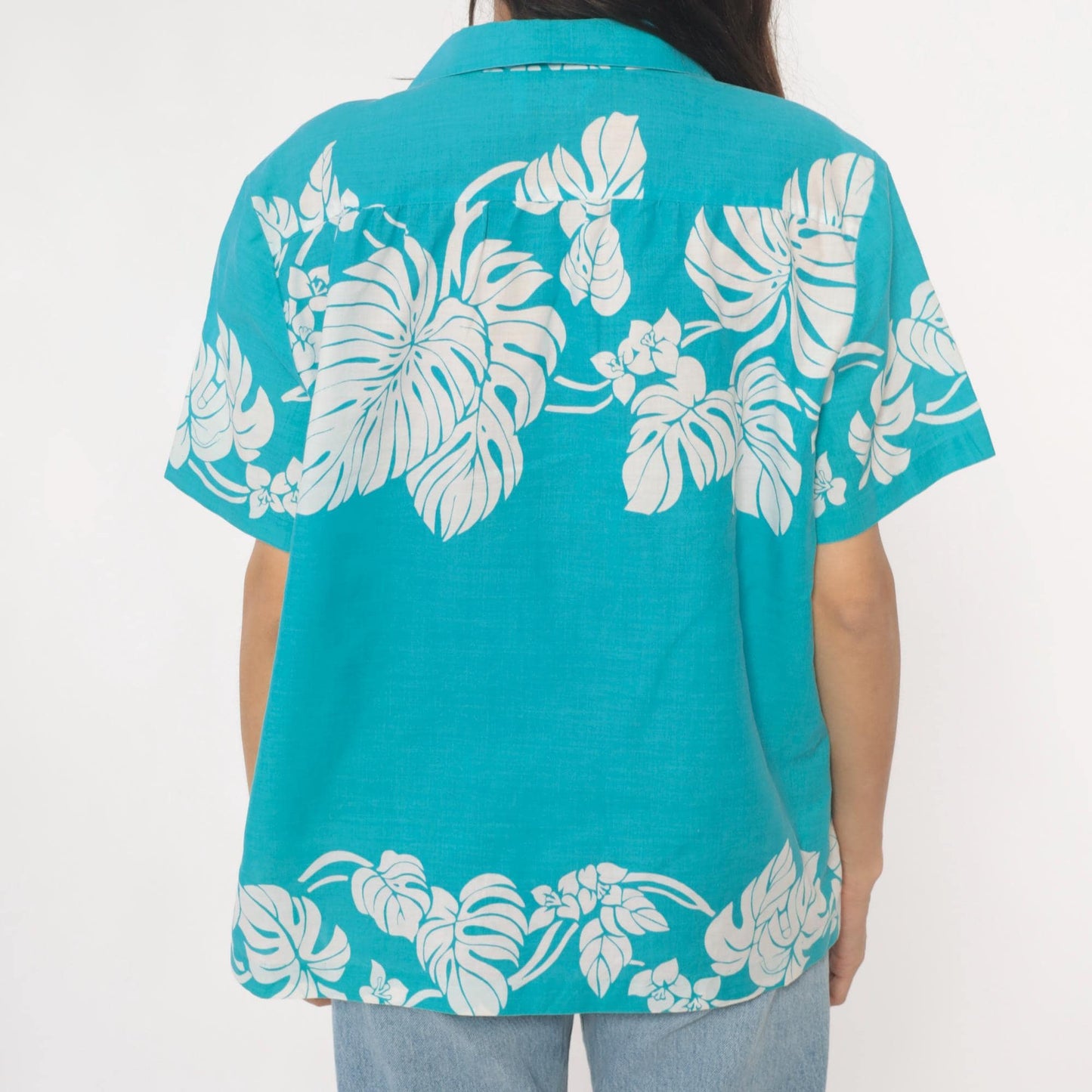 80s Hilo Hattie Hawaiian Shirt Turquoise Monstera Leaf Print Large