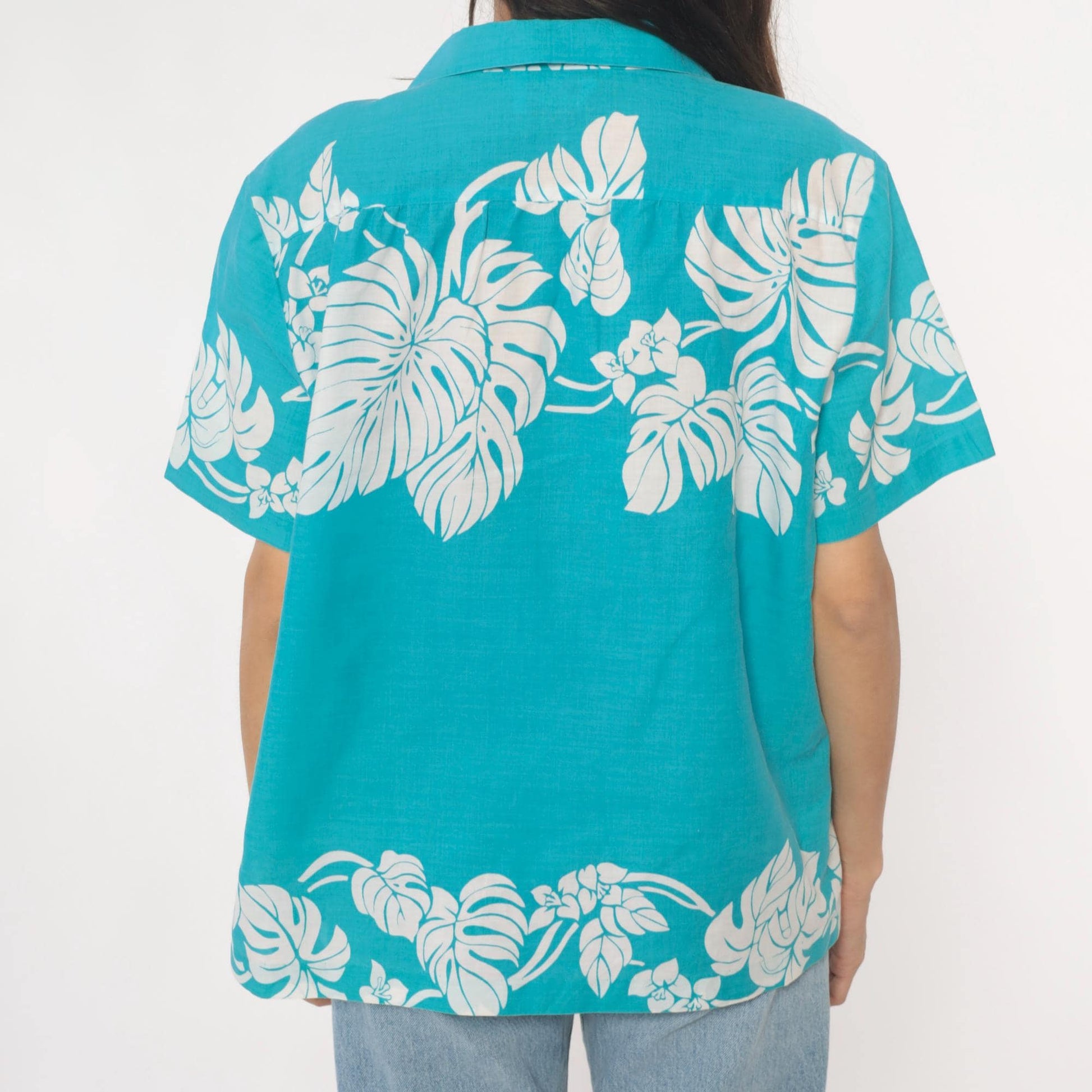 80s Hilo Hattie Hawaiian Shirt Turquoise Monstera Leaf Print Large