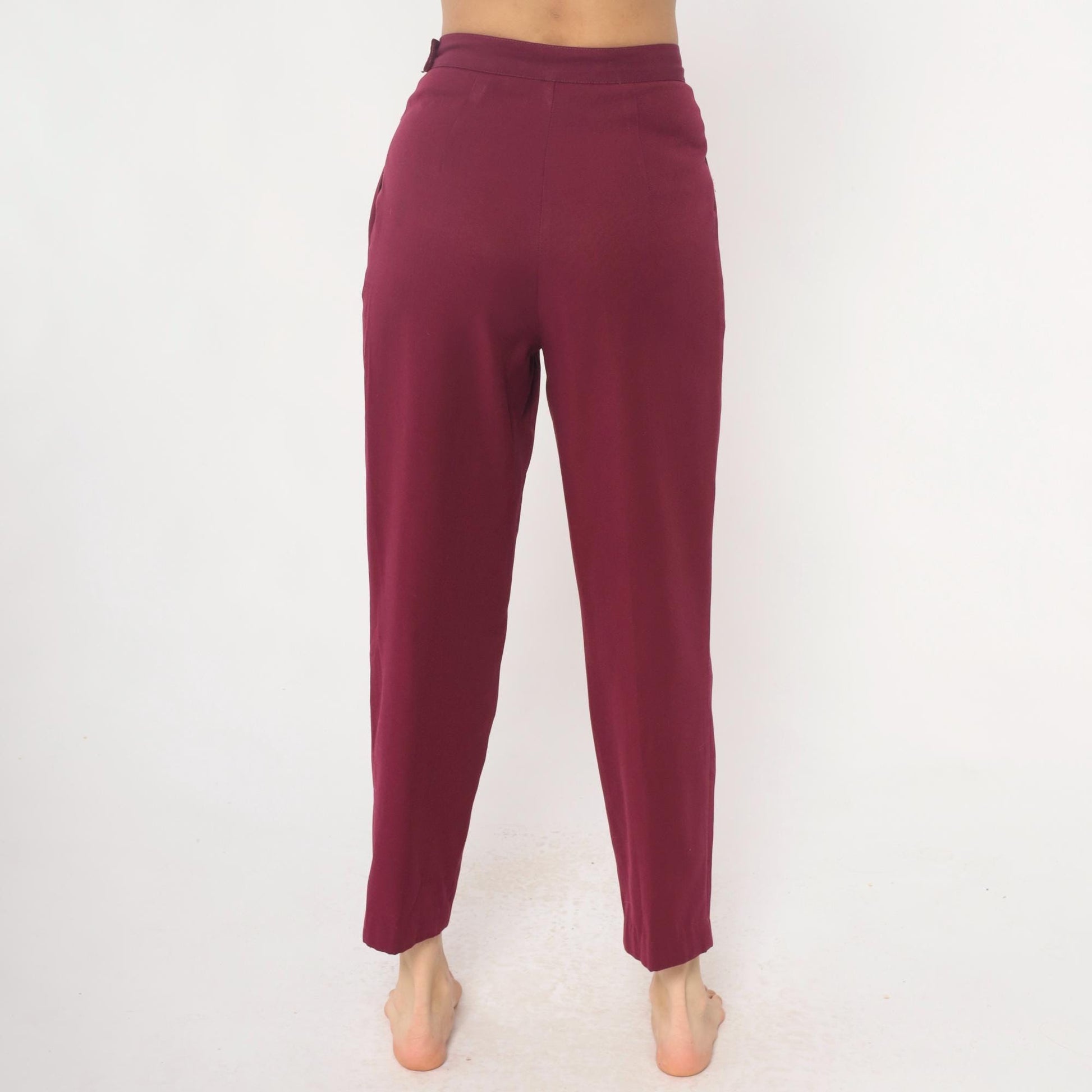 80s Burgundy High-Waist Pleated Tapered Trousers Cropped Length Medium