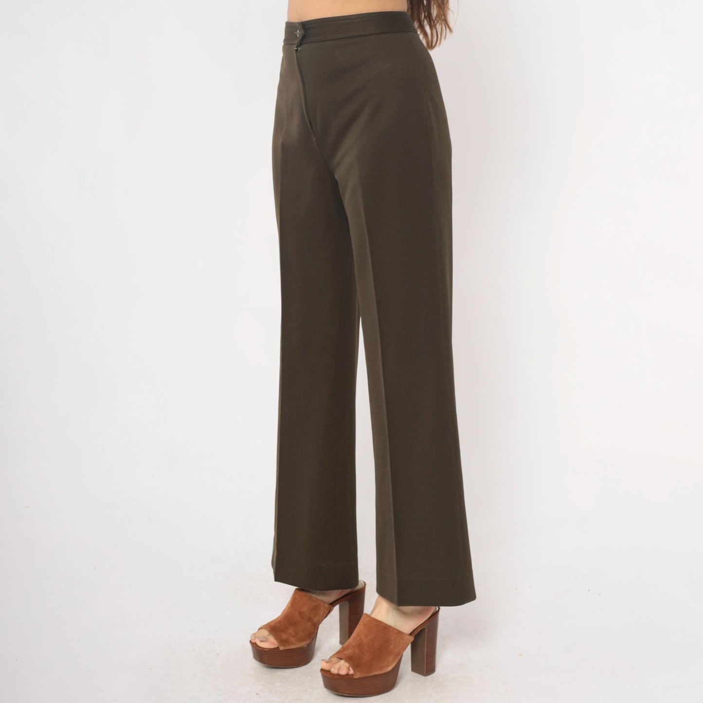 70s High Waisted Brown Straight Leg Trousers Flat Front Medium