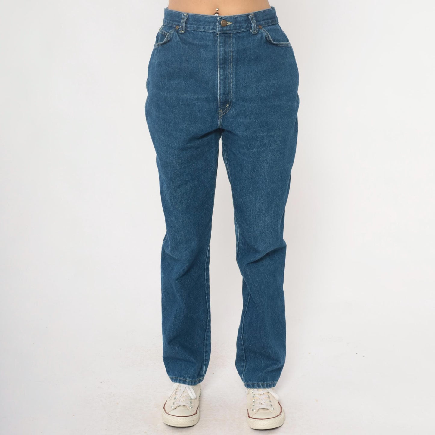 80s High Waisted Straight Leg Jeans Medium Wash Denim Chic Logo Extra Large XL