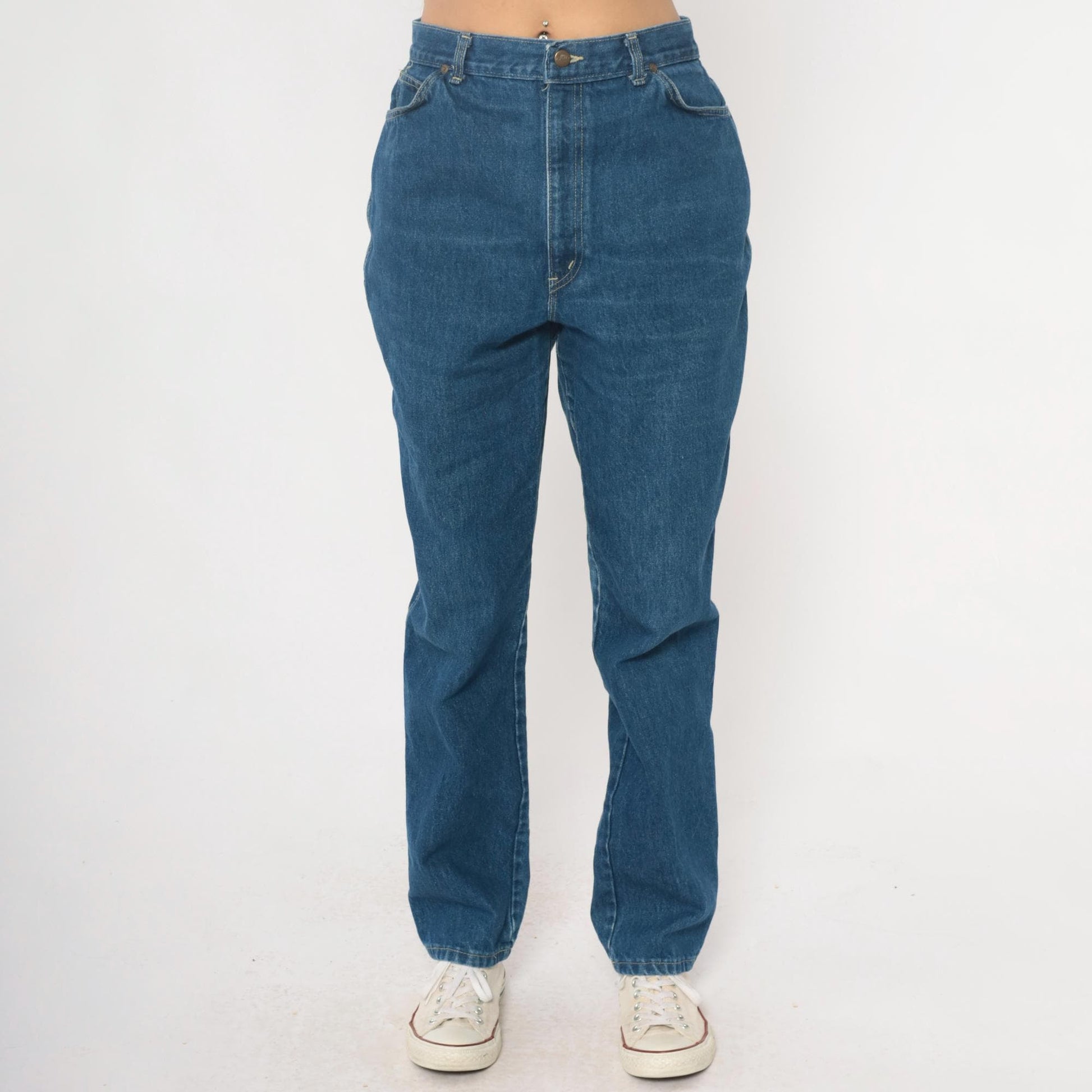 80s High Waisted Straight Leg Jeans Medium Wash Denim Chic Logo Extra Large XL