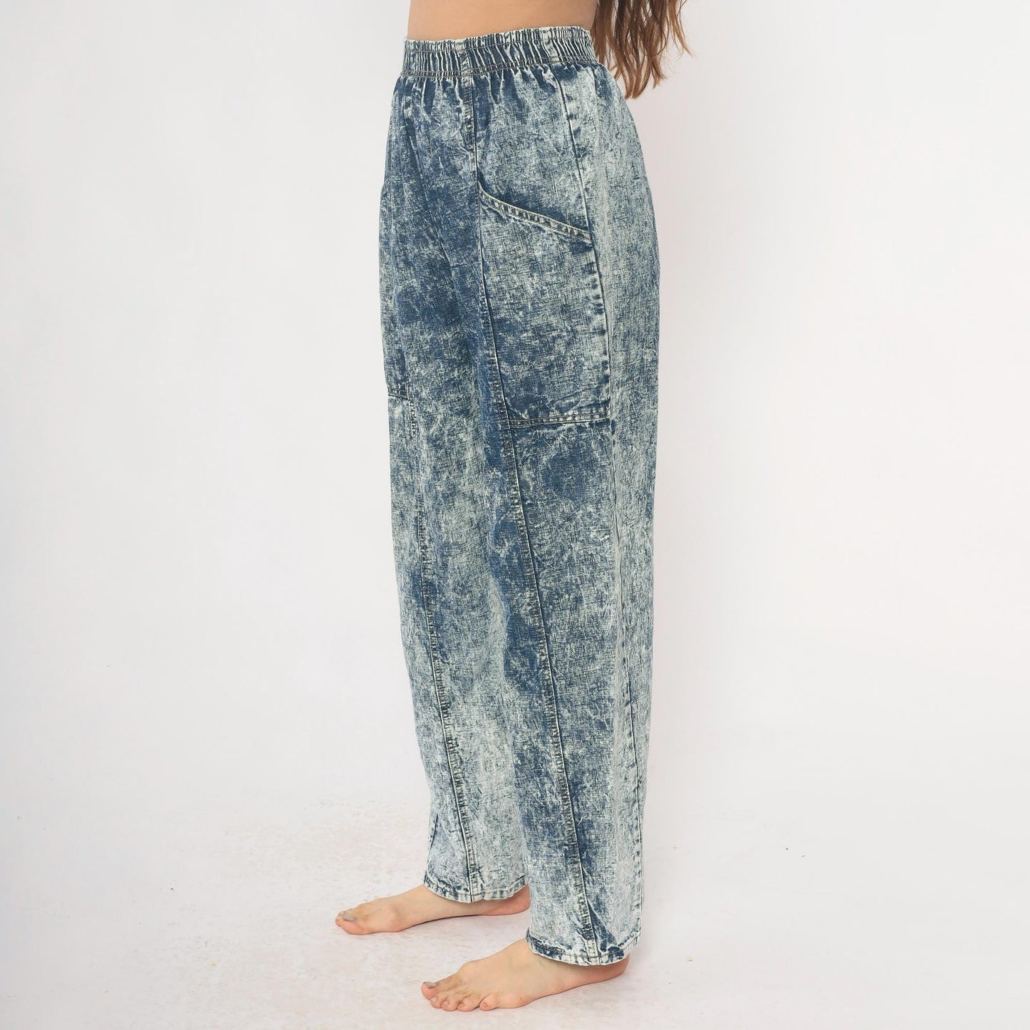 90s Acid Wash Denim High Rise Elastic Waist Straight Leg Light Blue Small Medium