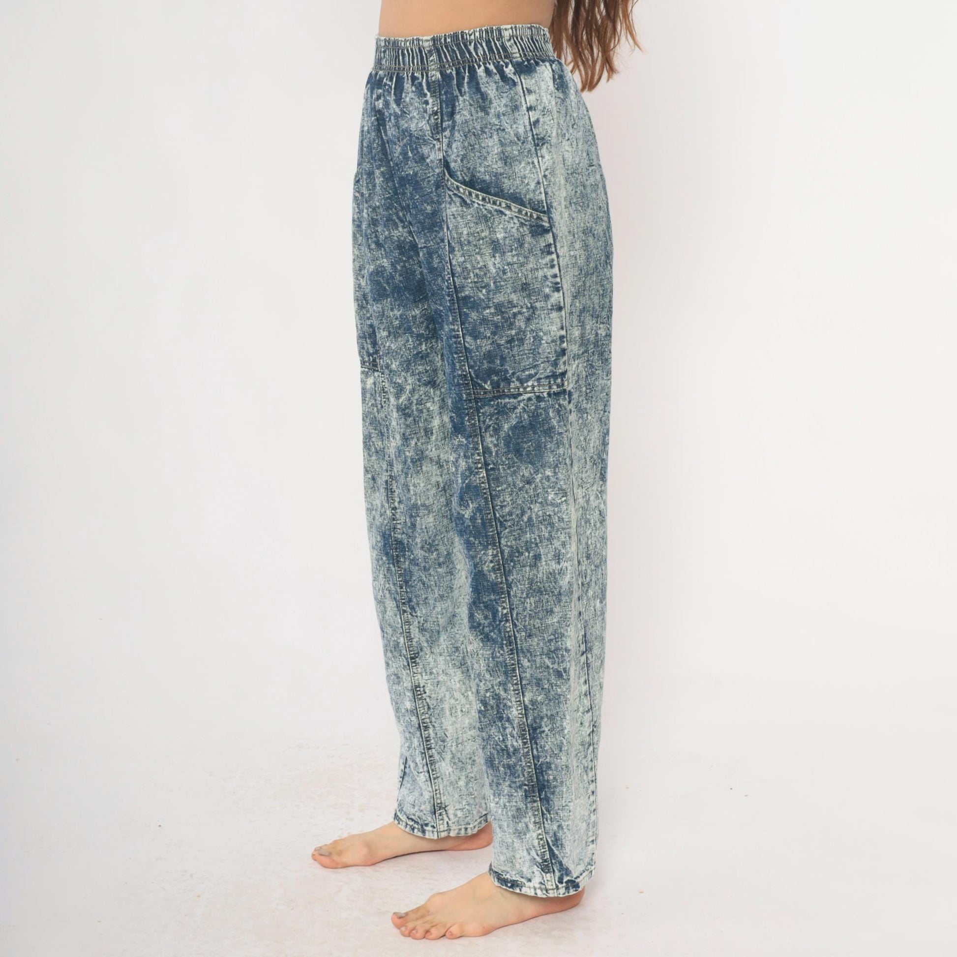 90s Acid Wash Denim High Rise Elastic Waist Straight Leg Light Blue Small Medium