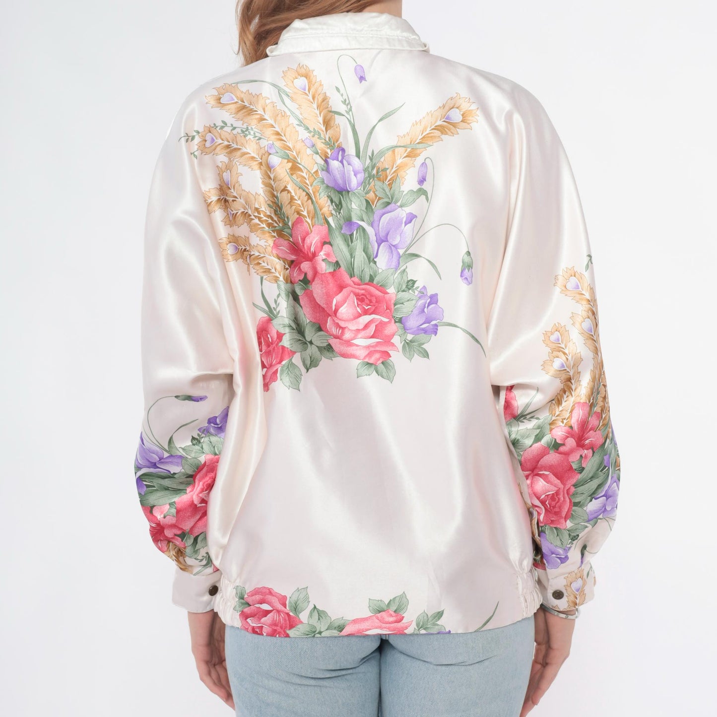 90s Floral Windbreaker Jacket White Zip Botanical Print Medium M