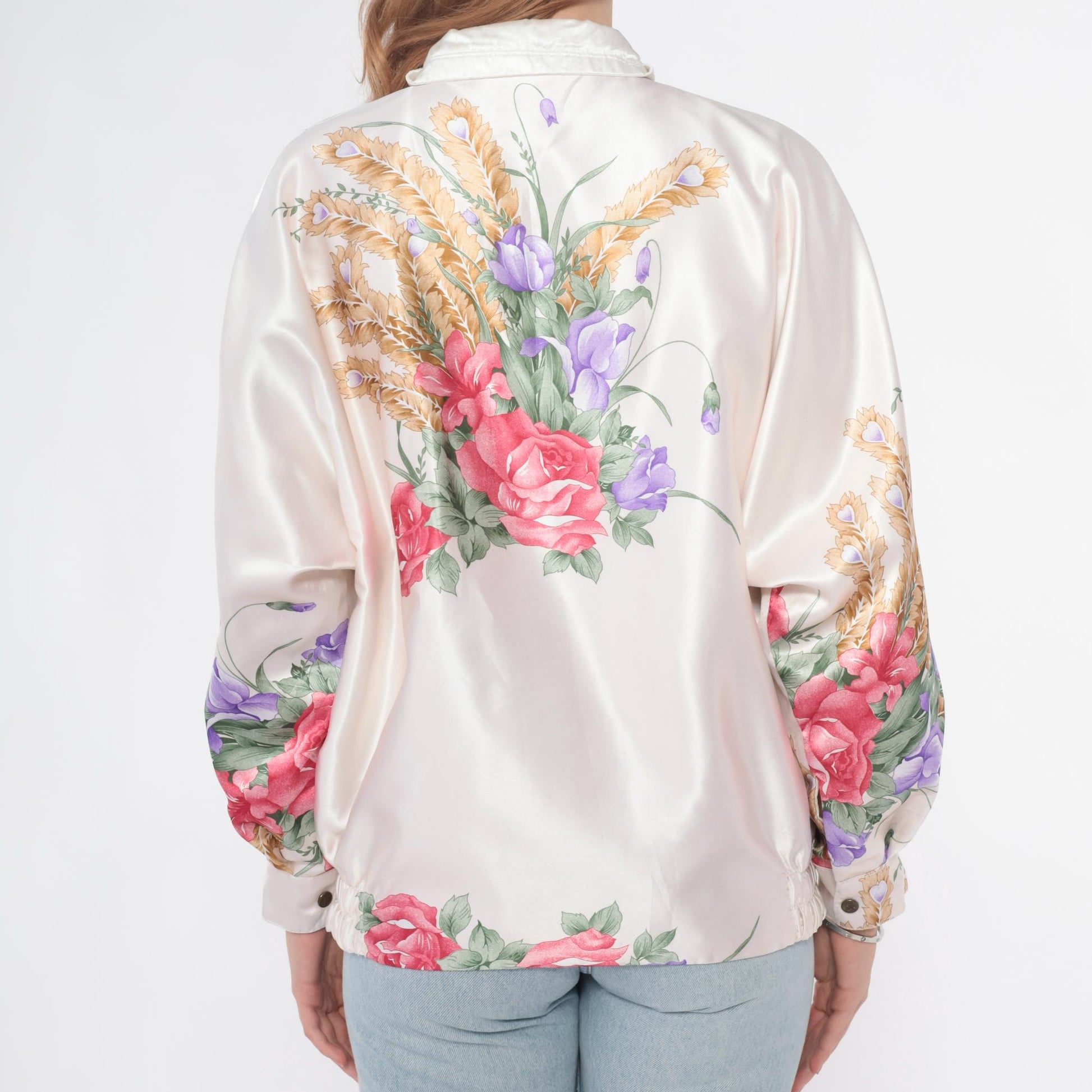 90s Floral Windbreaker Jacket White Zip Botanical Print Medium M