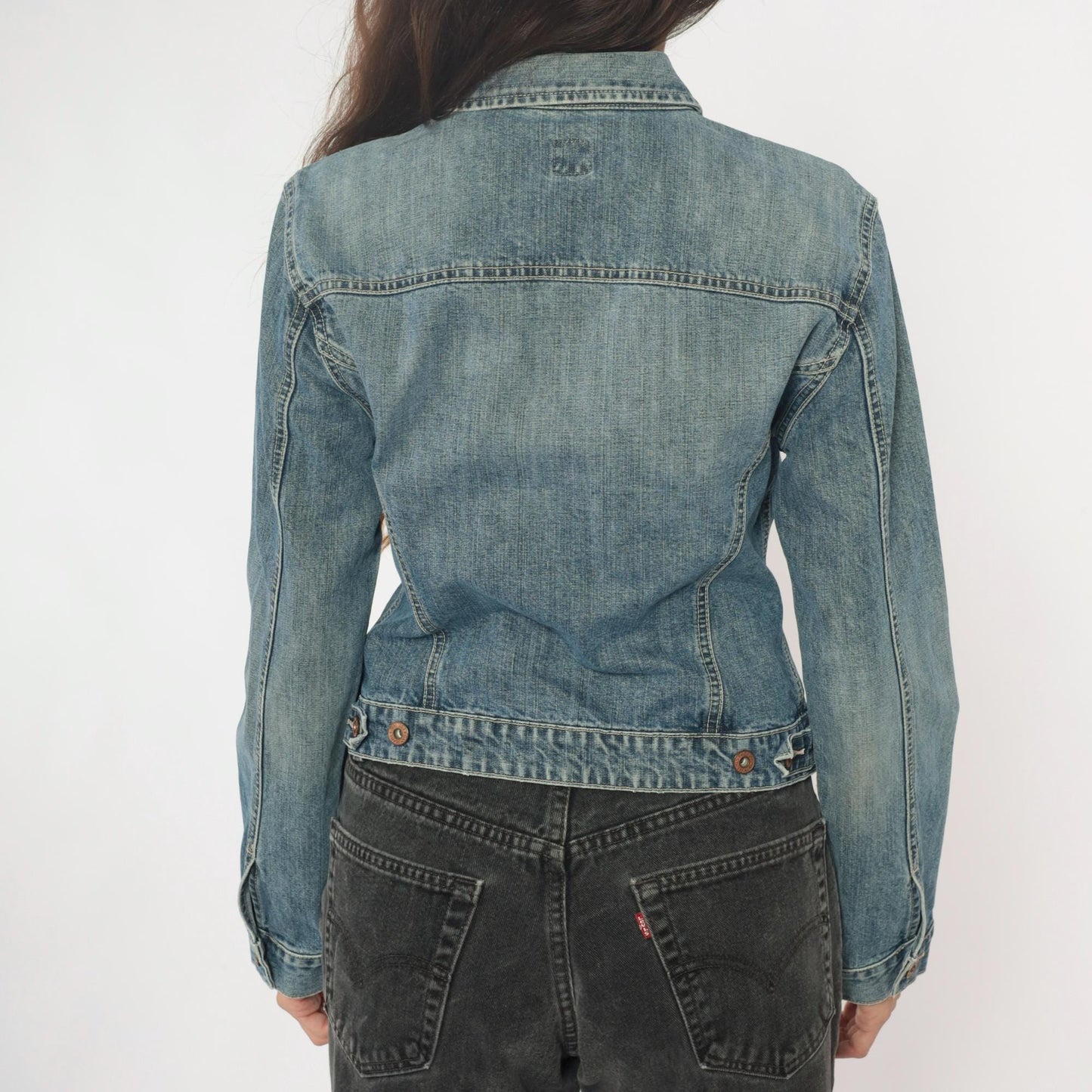 Y2K Gap Light Wash Denim Jacket Princess Seam Fitted Cropped Medium M