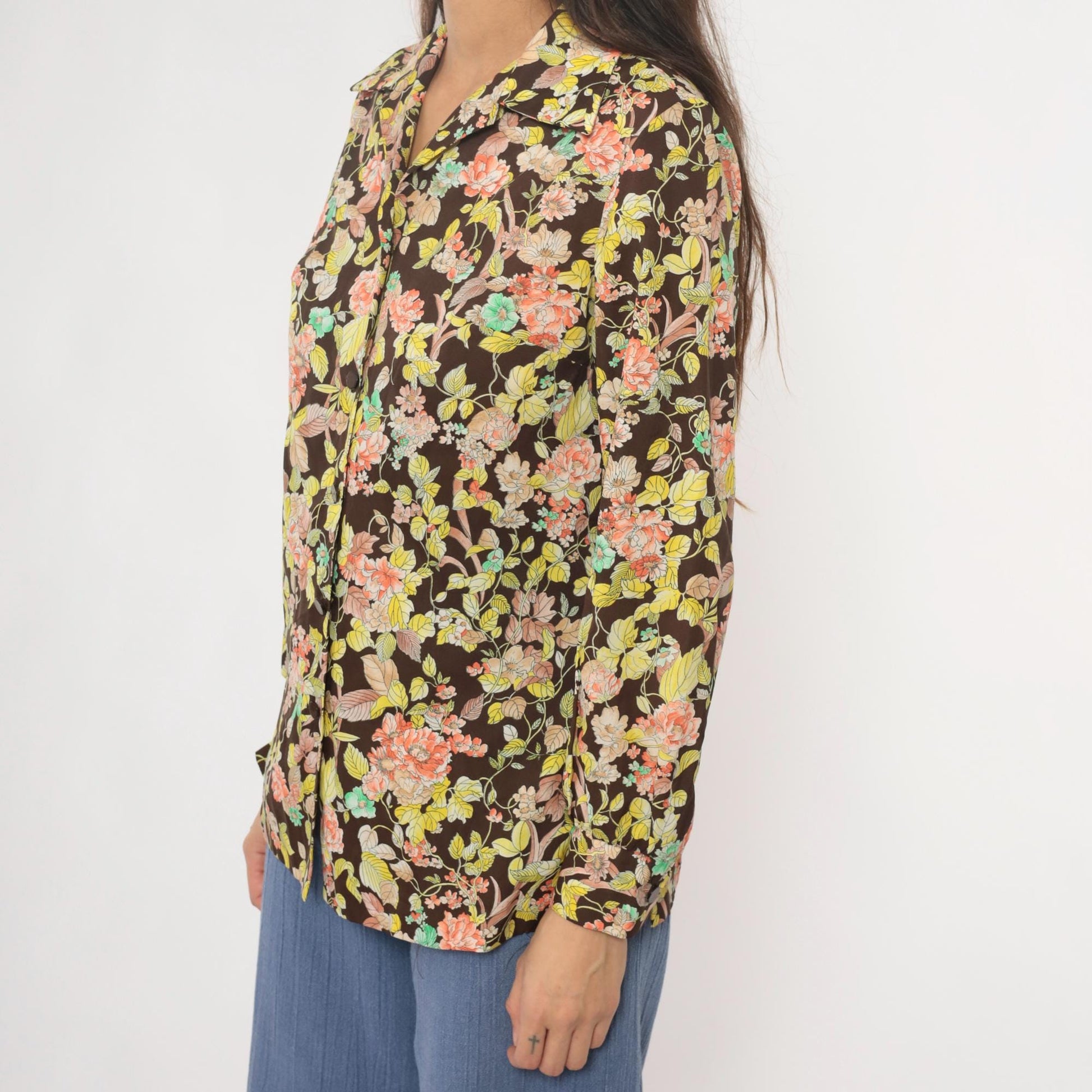 70s Pykettes Floral Blouse Brown Psychedelic Print Collared Long Sleeve Medium