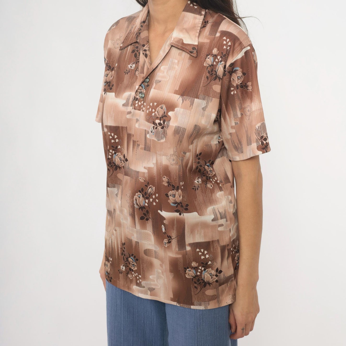 70s Stuart Mann Floral Button-Up Blouse Brown Tan Roses Geometric Medium M
